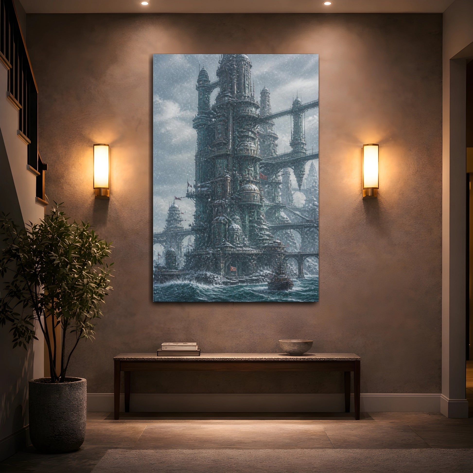 Mockup 2. Snowbound Ocean Tower shown as canvas print