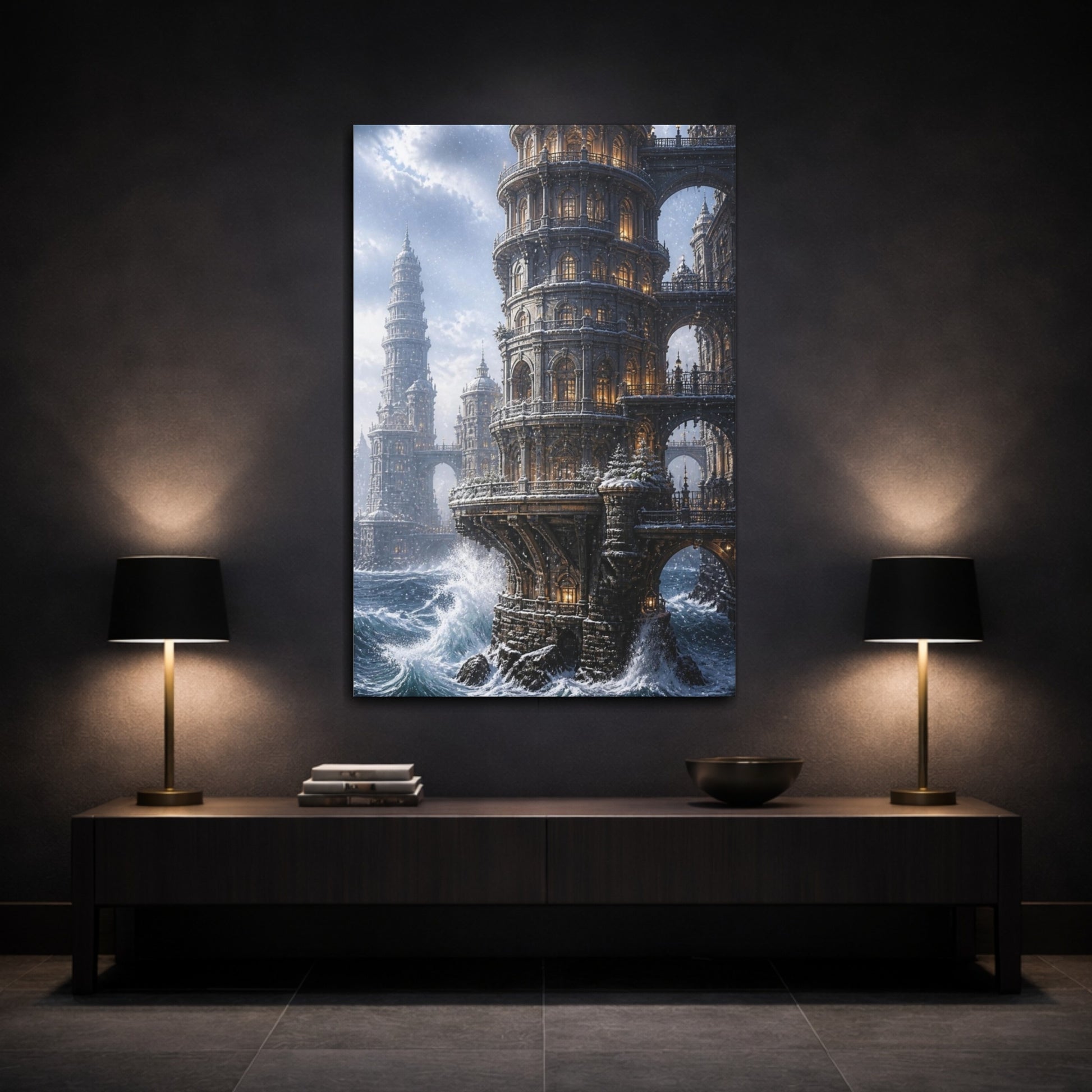 Mockup 3. Snowbound Ocean Tower shown as canvas print