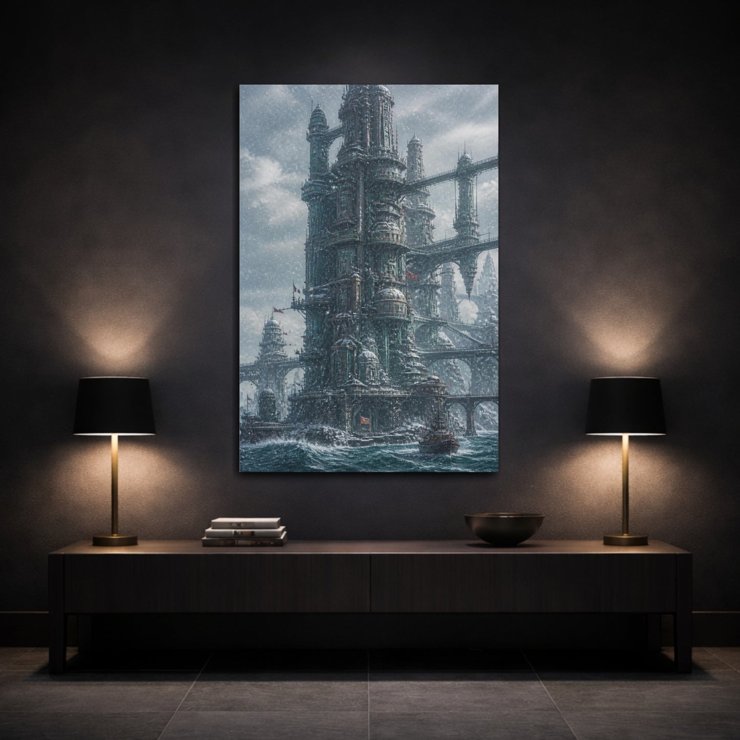 Mockup 3. Snowbound Ocean Tower shown as canvas print