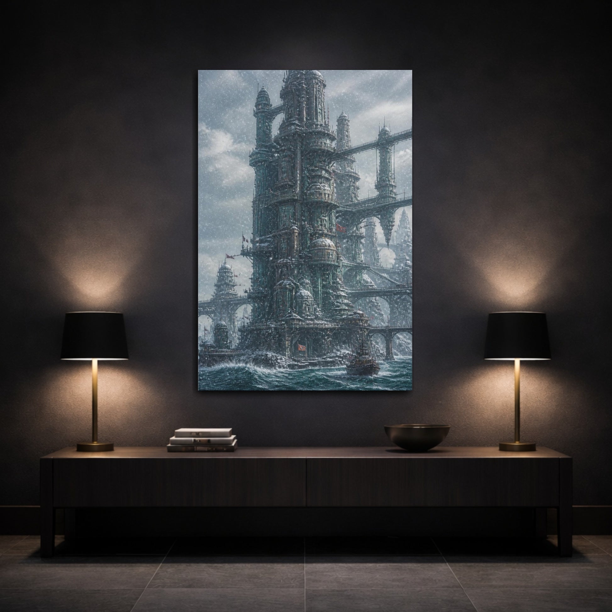 Mockup 3. Snowbound Ocean Tower shown as canvas print