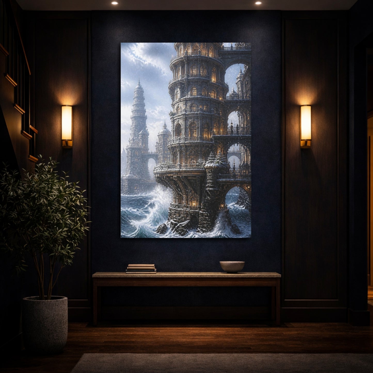 Mockup 4. Snowbound Ocean Tower shown as canvas print
