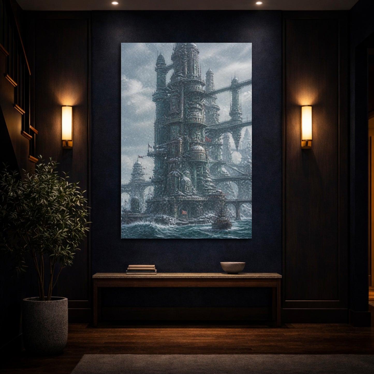 Mockup 4. Snowbound Ocean Tower shown as canvas print