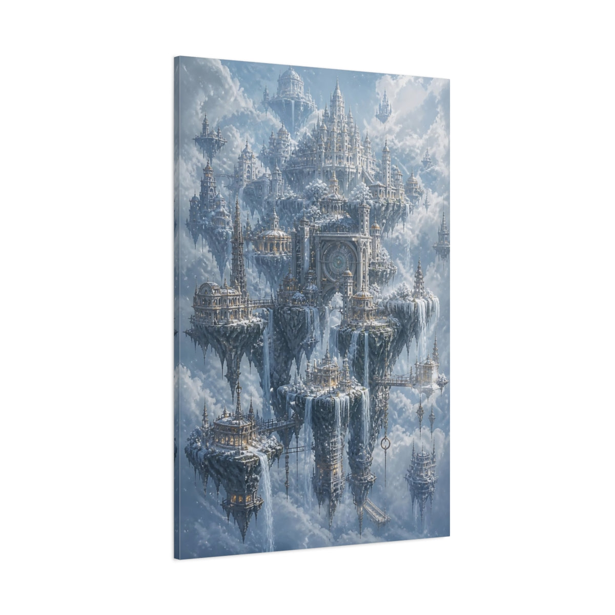 Side Mockup 1. Snowbound Sky City shown as canvas print