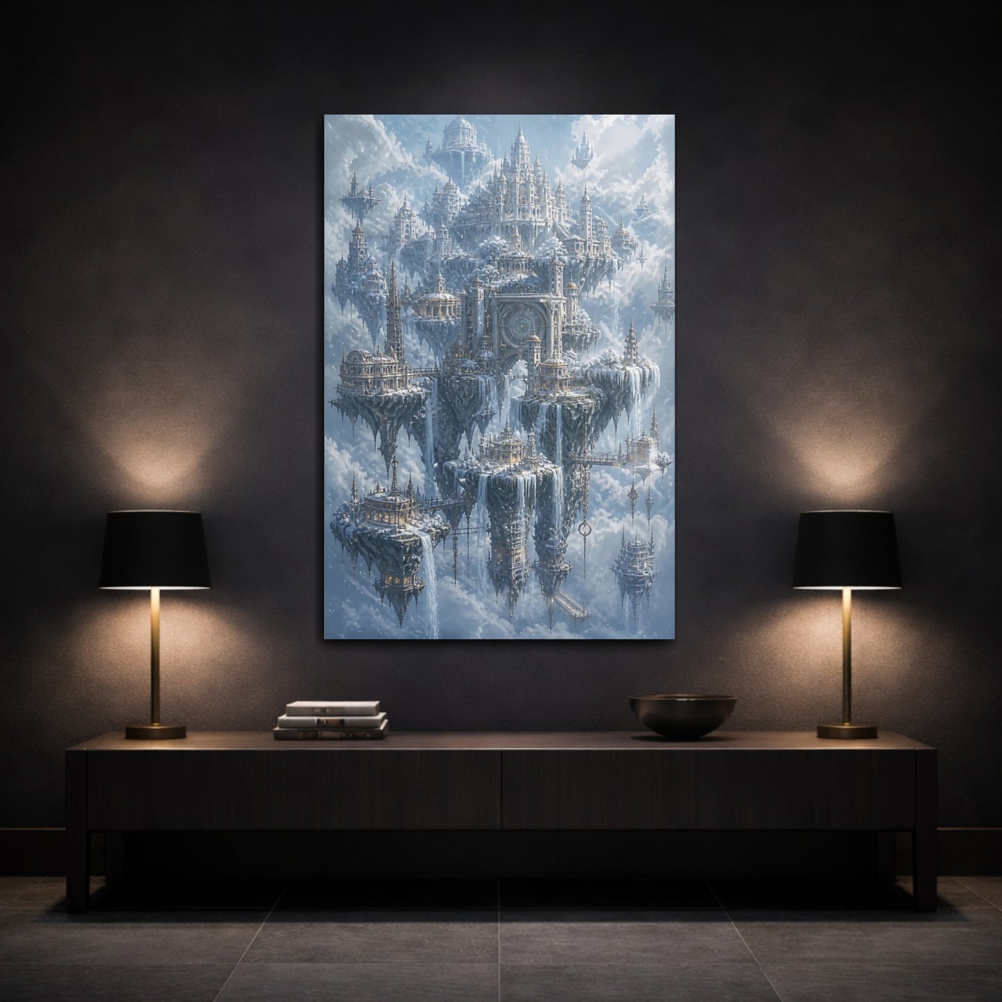 Mockup 3. Snowbound Sky City shown as canvas print