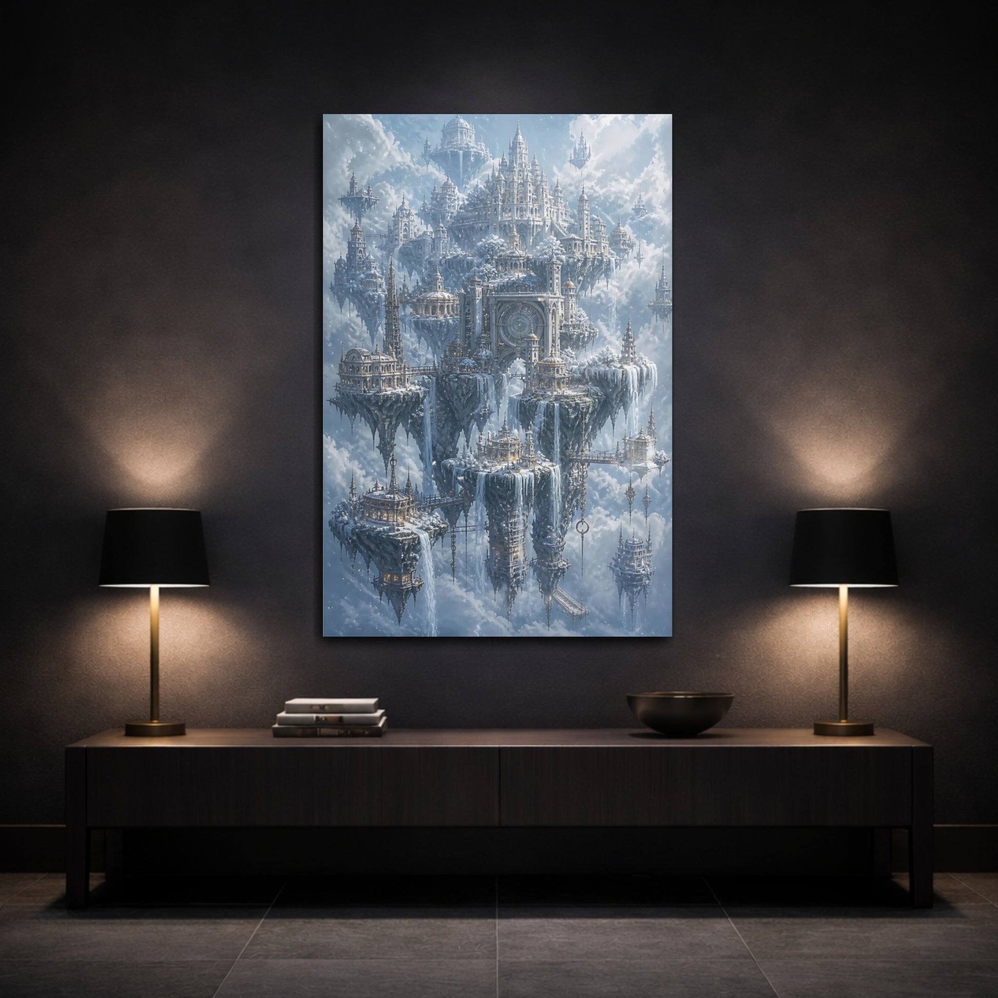 Mockup 3. Snowbound Sky City shown as canvas print