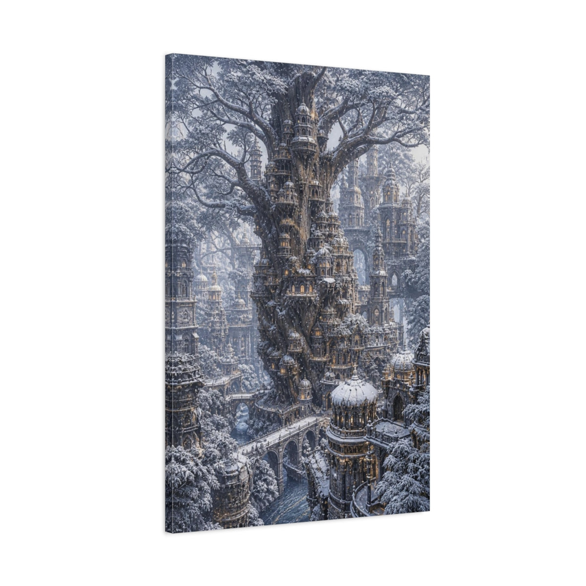 Main Mockup. Snowbound Tree City shown as canvas print