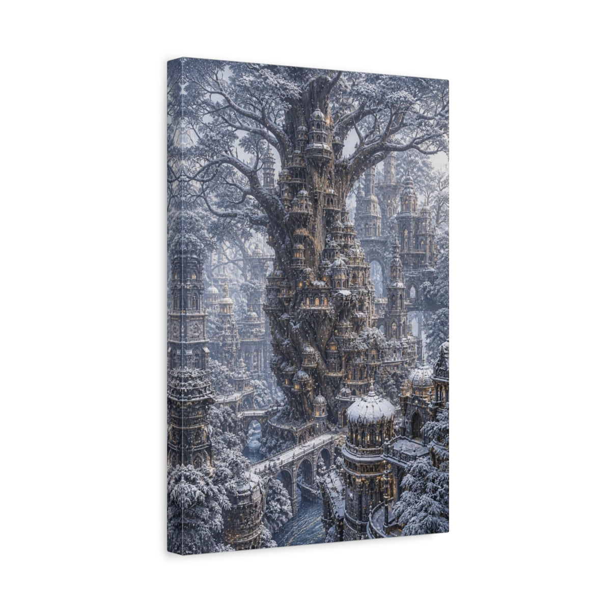 Side Mockup 4. Snowbound Tree City shown as canvas print
