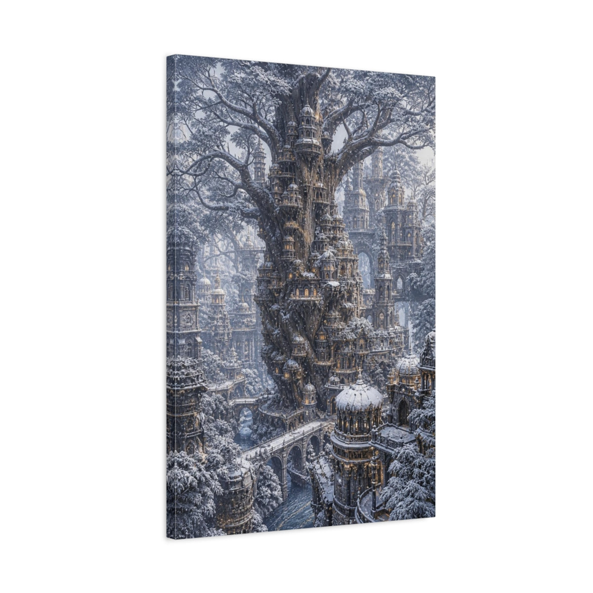 Side Mockup 2. Snowbound Tree City shown as canvas print