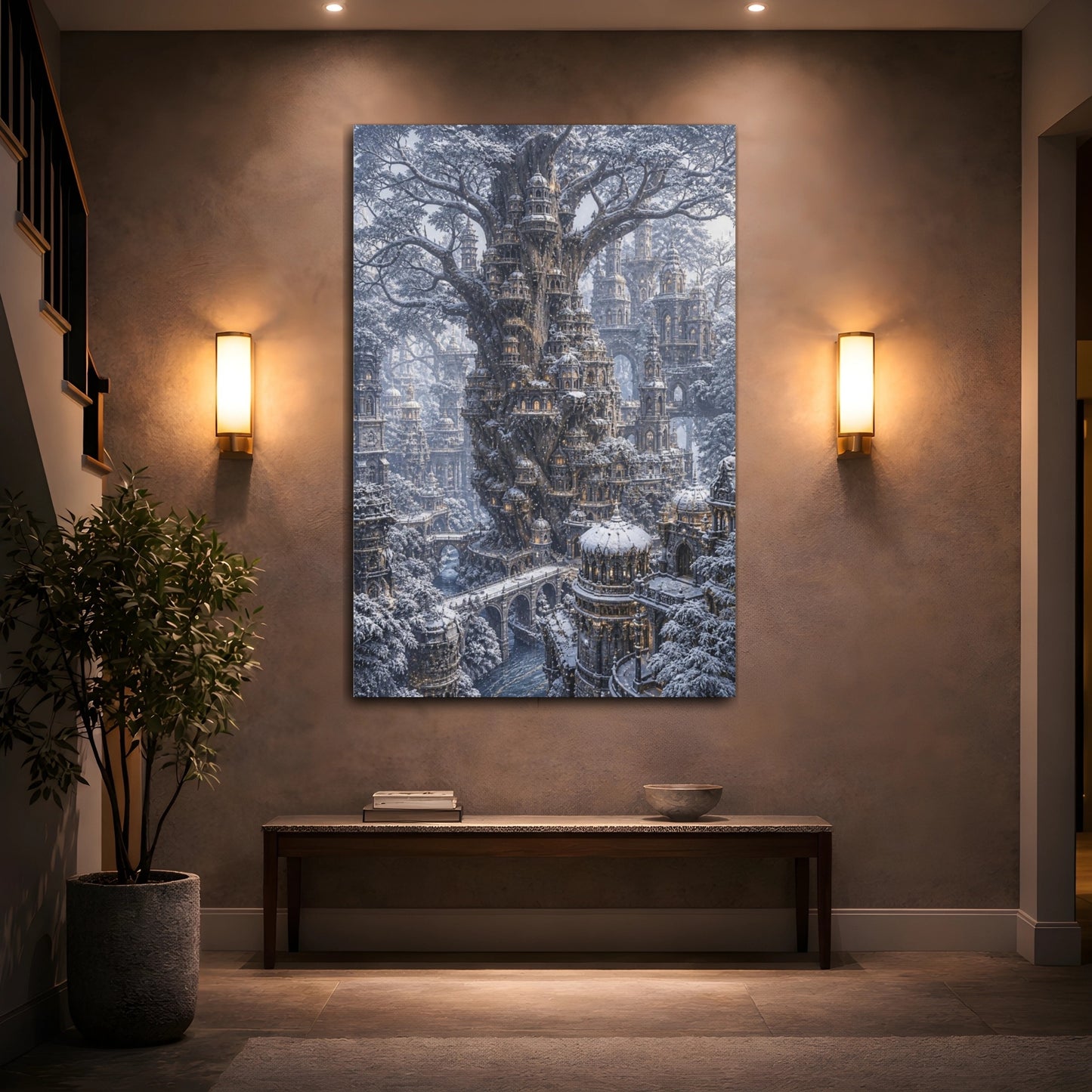 Mockup 2. Snowbound Tree City shown as canvas print