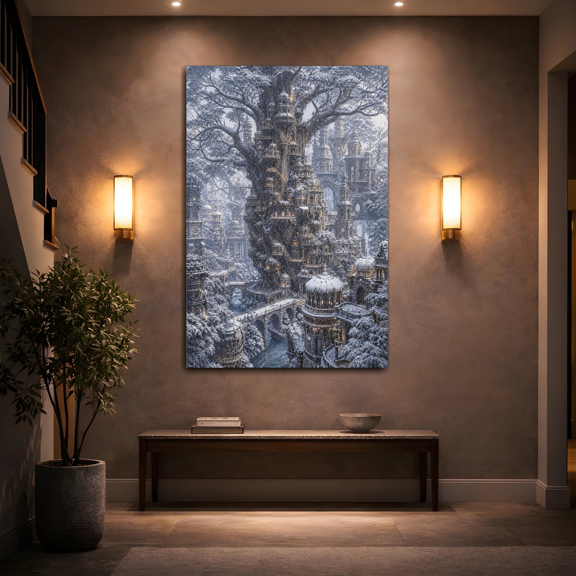 Mockup 2. Snowbound Tree City shown as canvas print