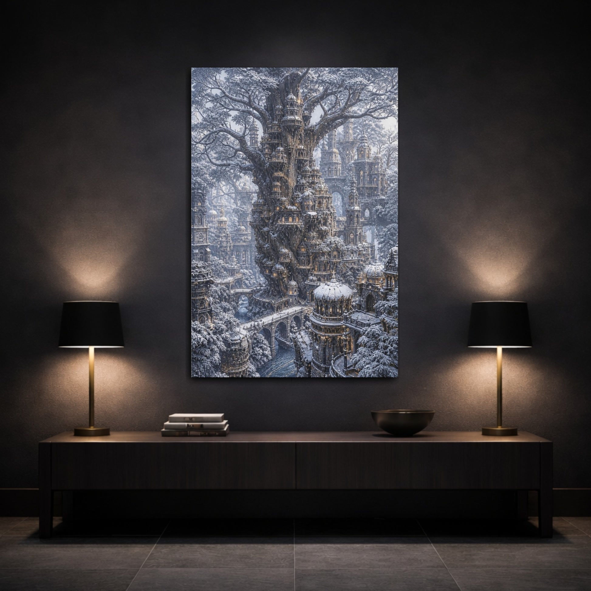 Mockup 3. Snowbound Tree City shown as canvas print