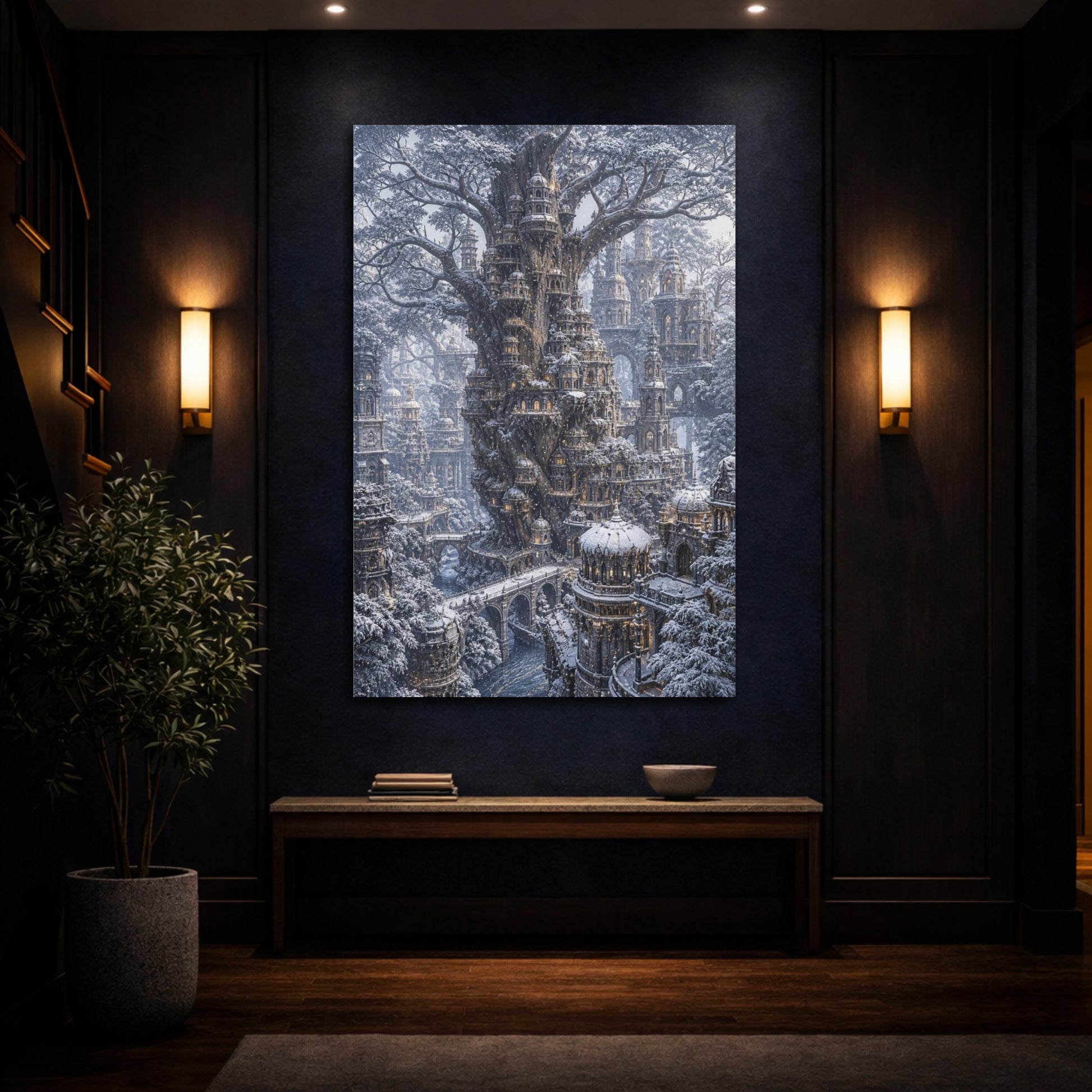Mockup 4. Snowbound Tree City shown as canvas print