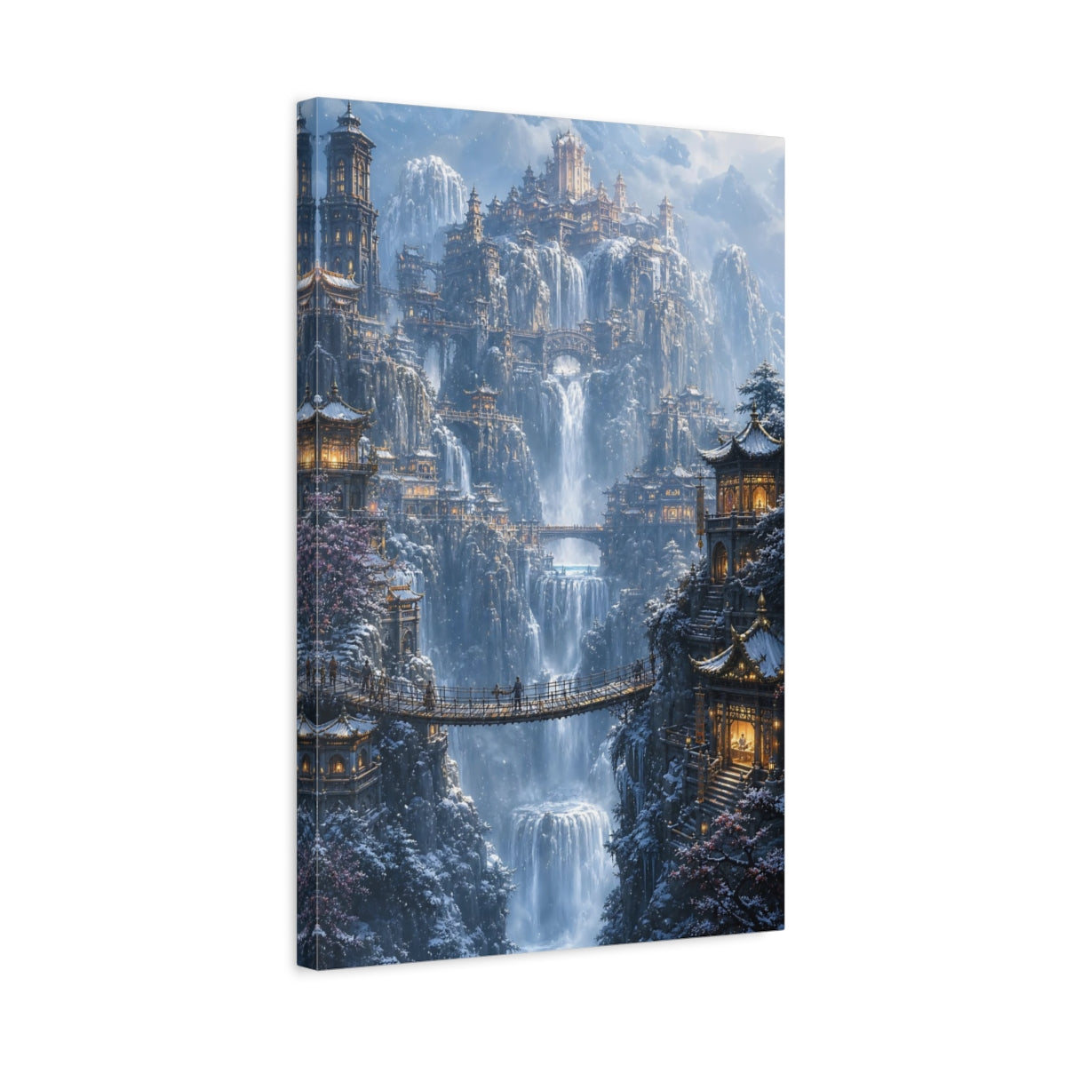 Side Mockup 3. Snowbound Waterfall Citadel shown as canvas print