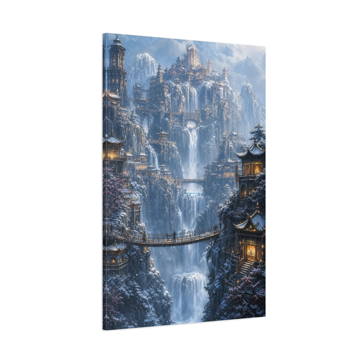Side Mockup 1. Snowbound Waterfall Citadel shown as canvas print