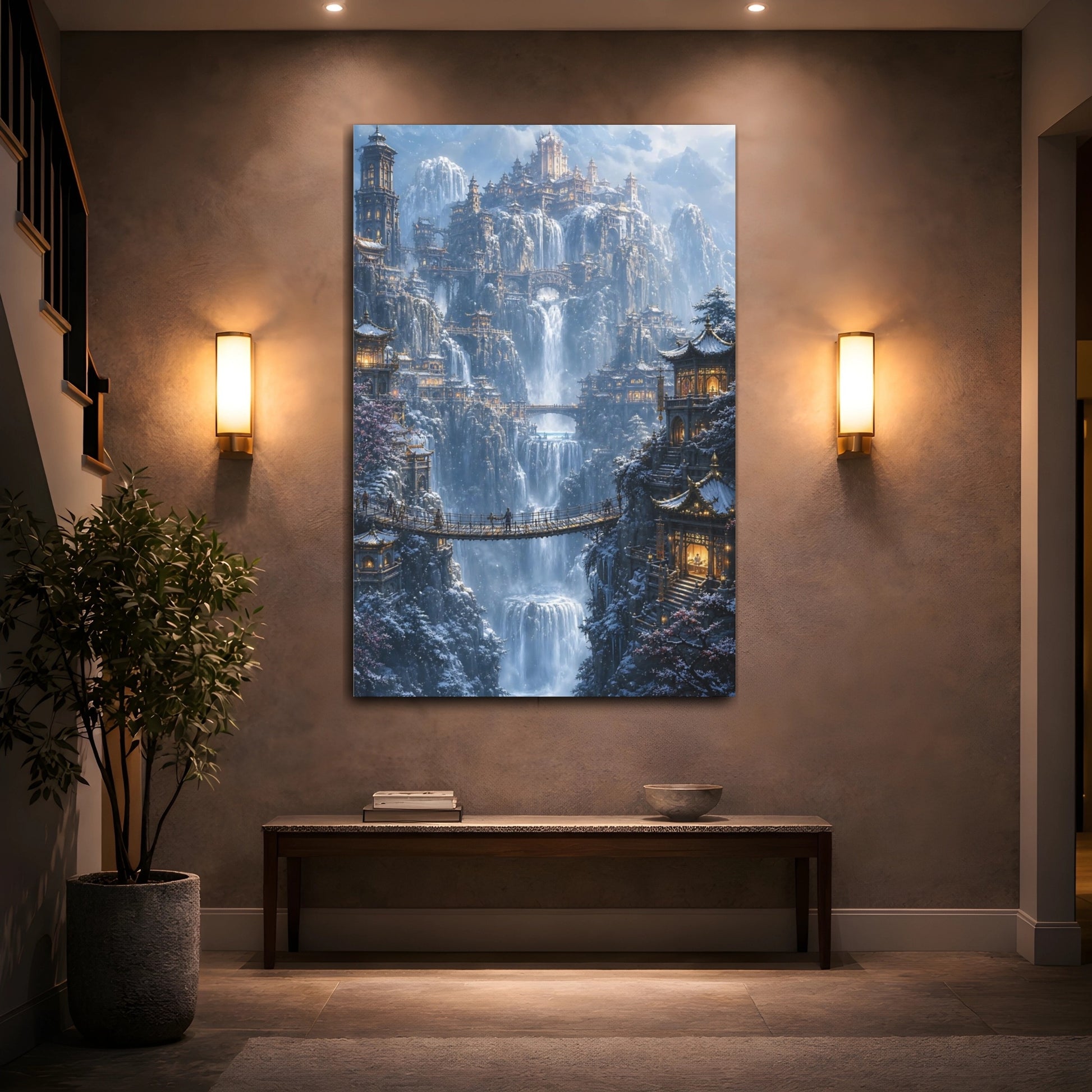 Mockup 2. Snowbound Waterfall Citadel shown as canvas print
