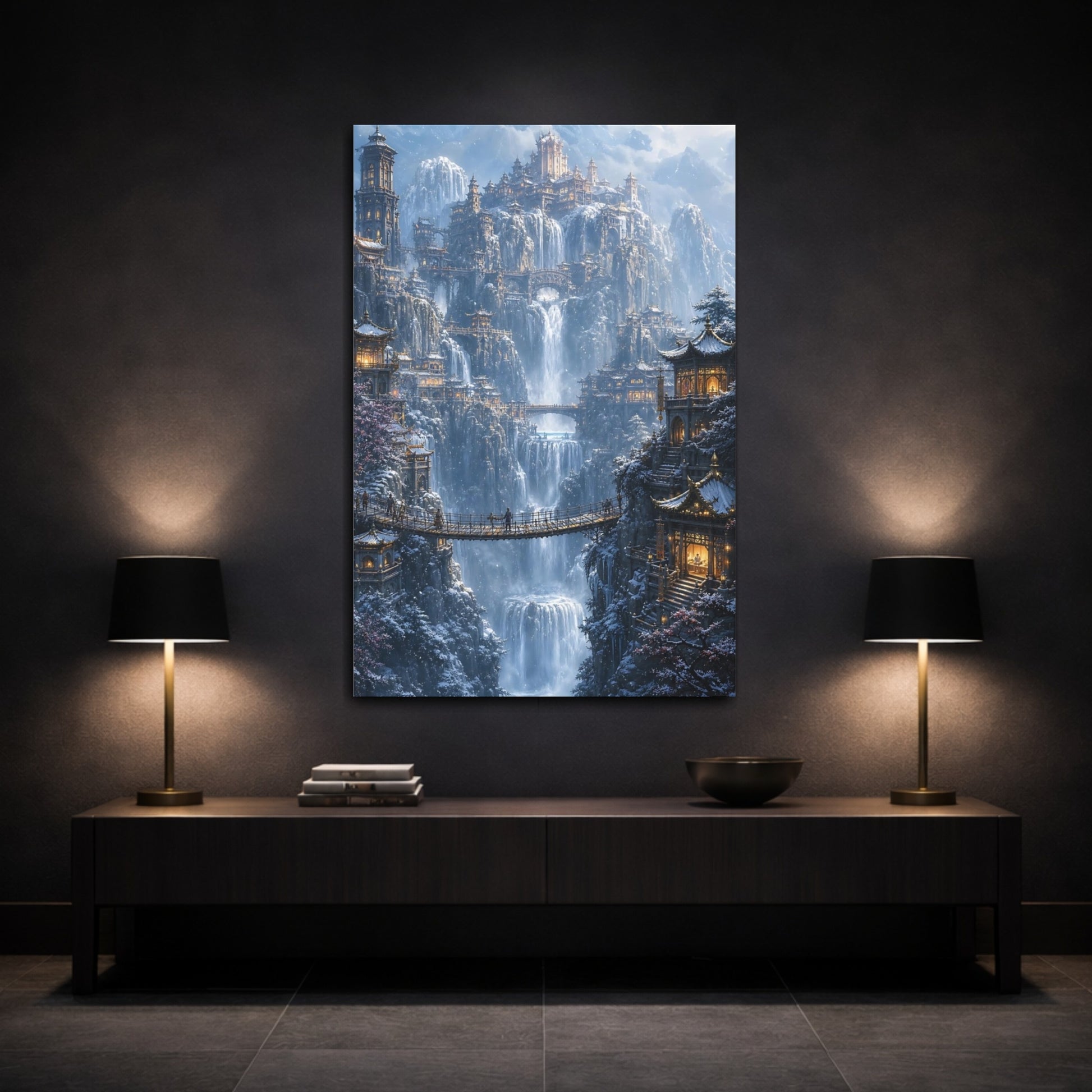 Mockup 3. Snowbound Waterfall Citadel shown as canvas print