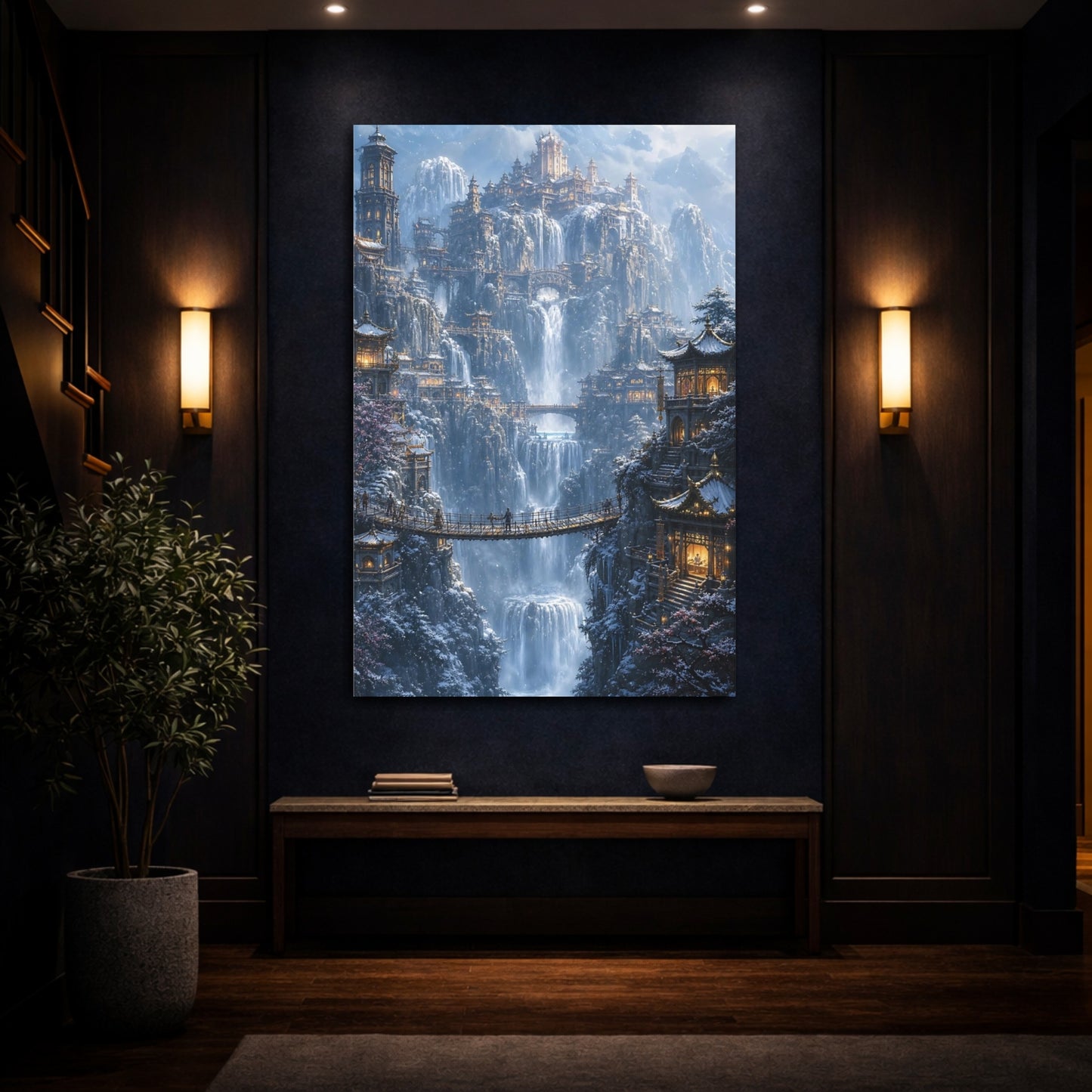 Mockup 4. Snowbound Waterfall Citadel shown as canvas print