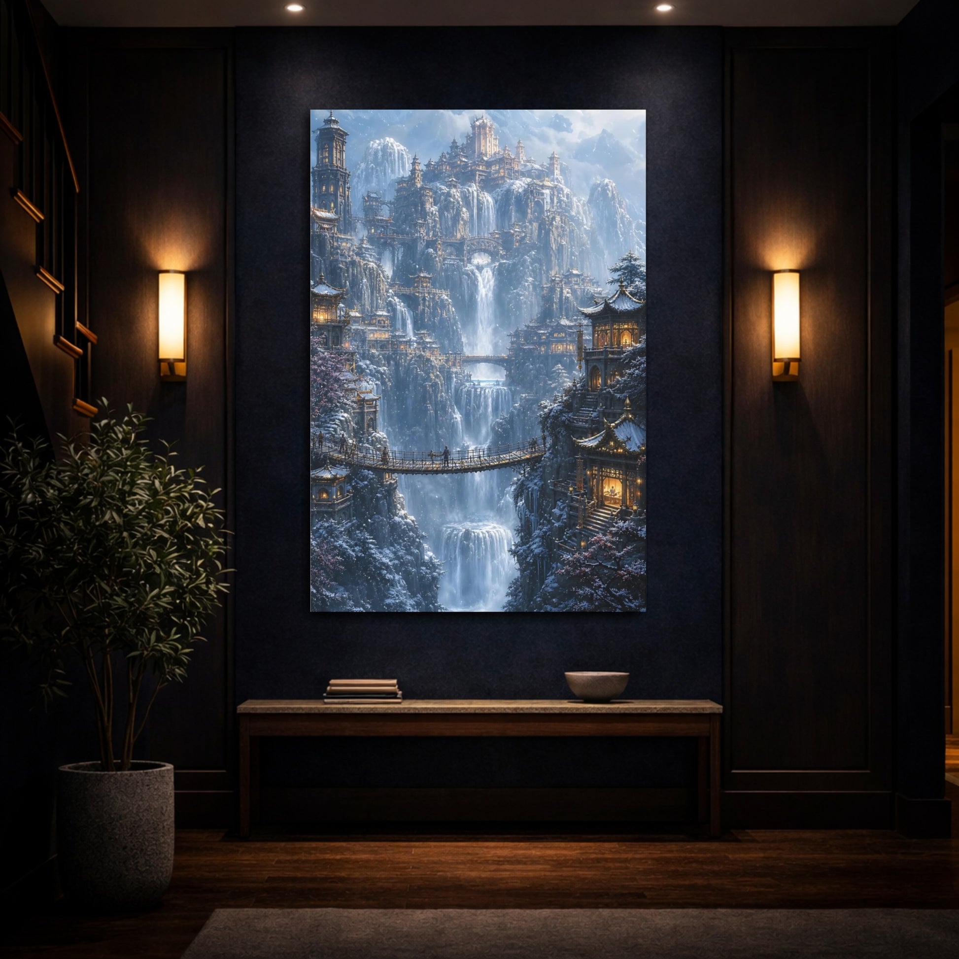 Mockup 4. Snowbound Waterfall Citadel shown as canvas print