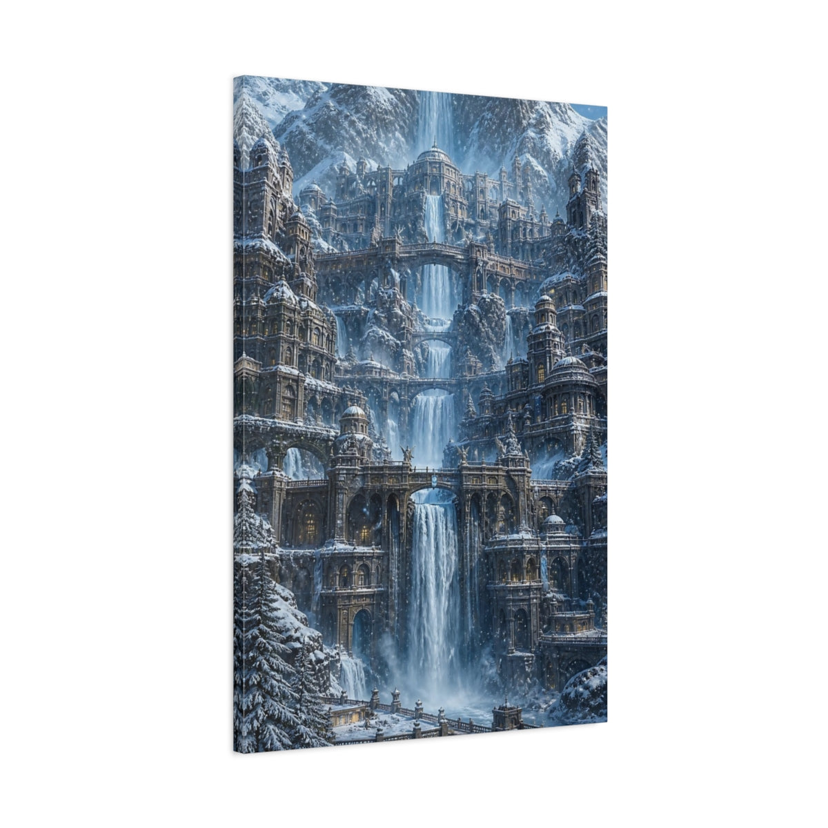 Main Mockup. Snowbound Waterfall Palace shown as canvas print