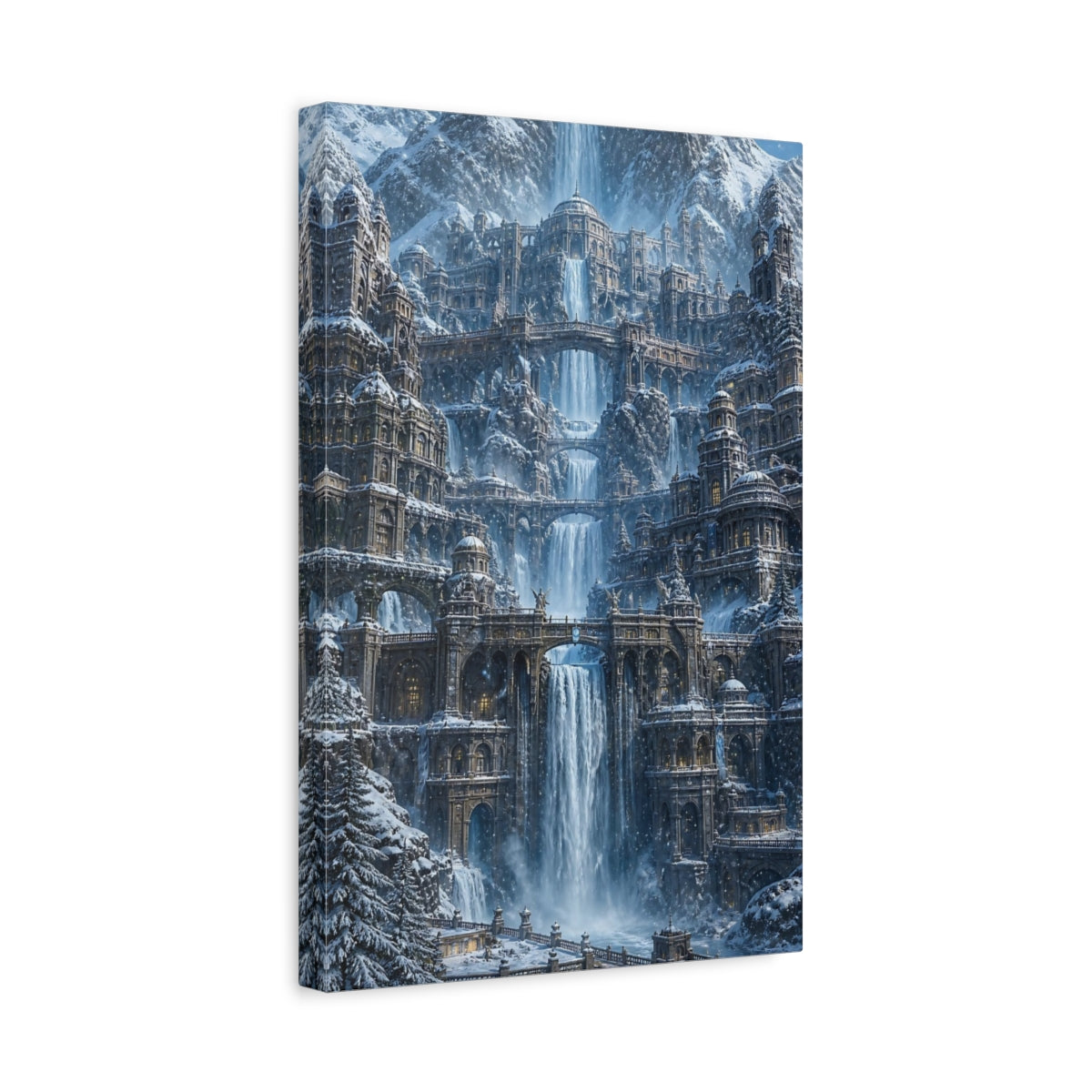 Side Mockup 4. Snowbound Waterfall Palace shown as canvas print