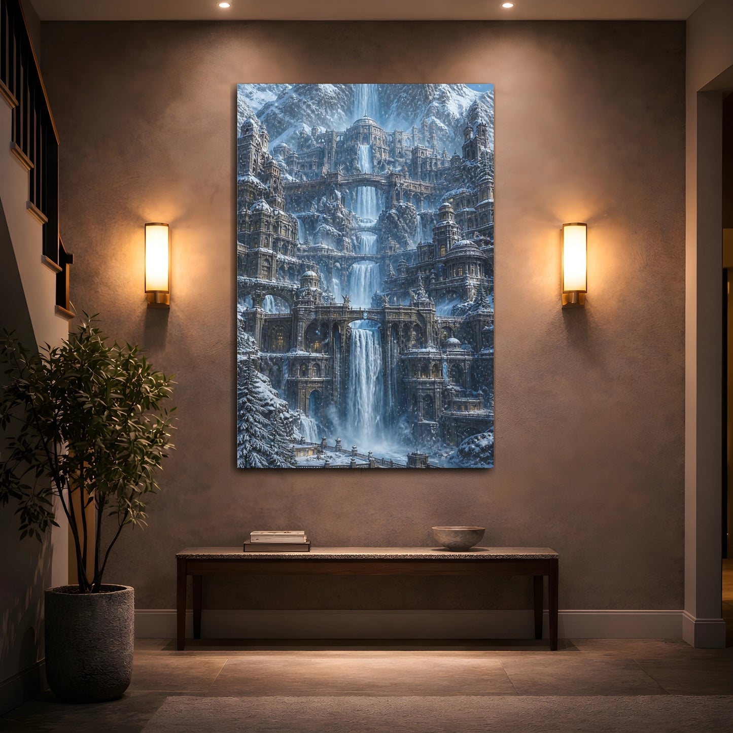 Mockup 2. Snowbound Waterfall Palace shown as canvas print