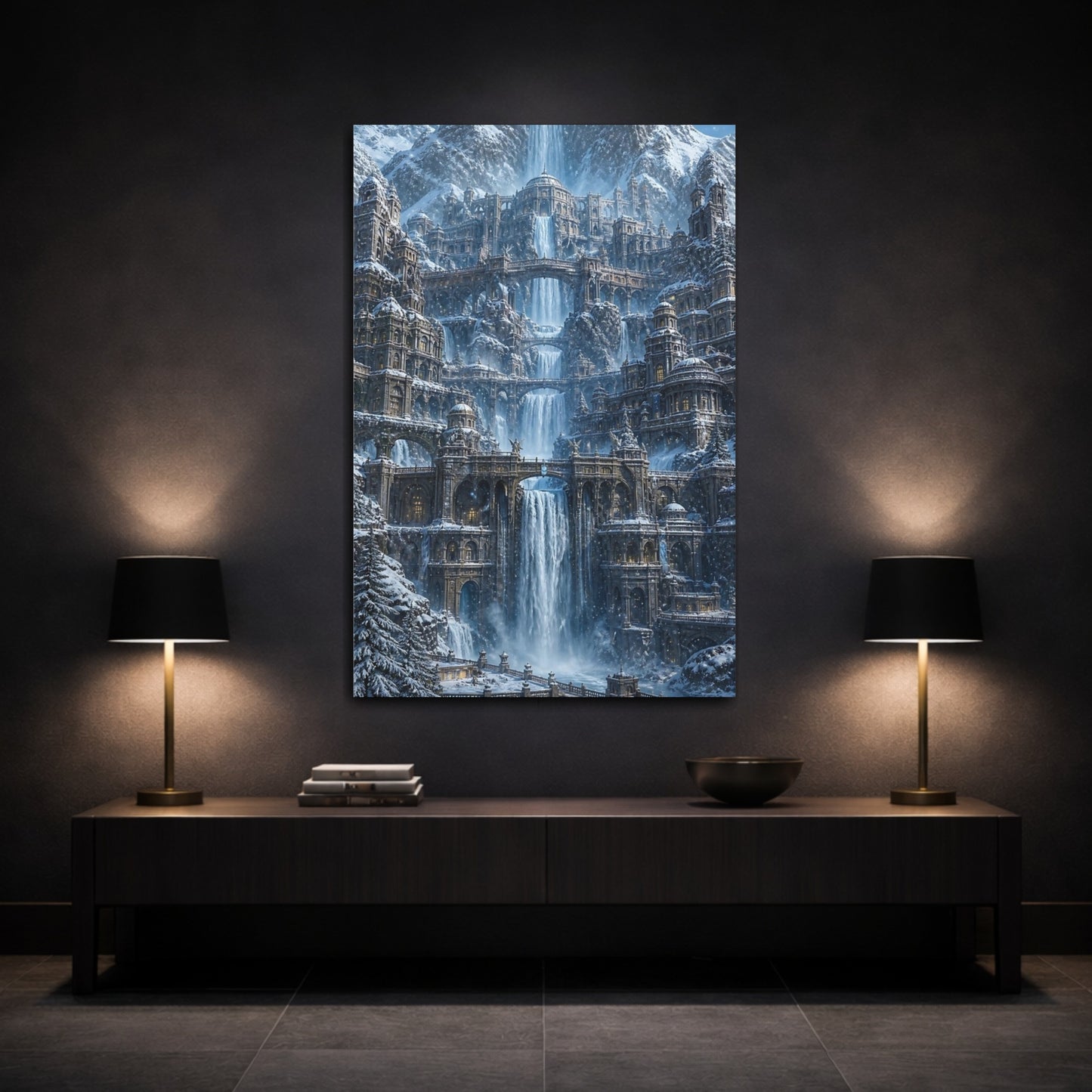 Mockup 3. Snowbound Waterfall Palace shown as canvas print