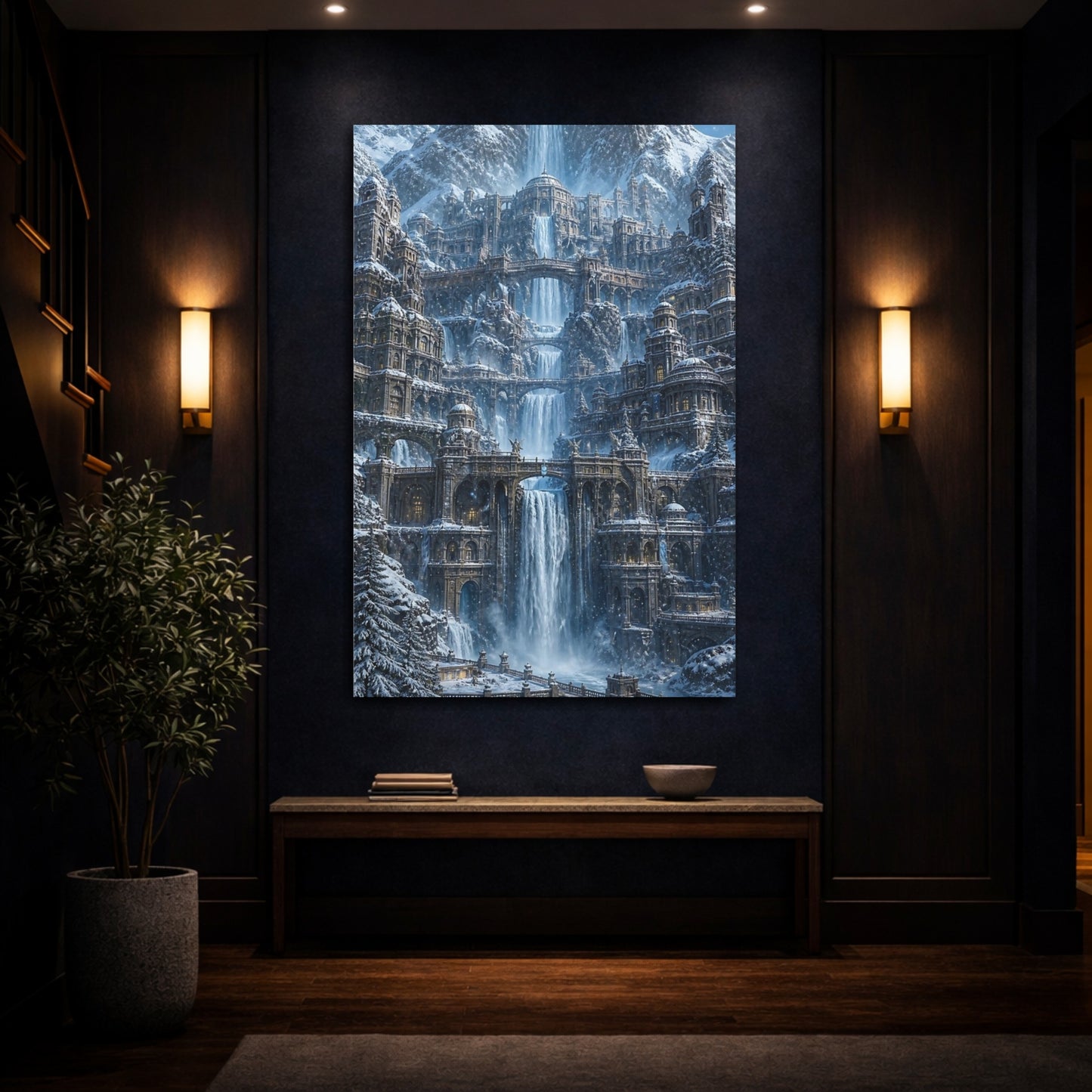 Mockup 4. Snowbound Waterfall Palace shown as canvas print