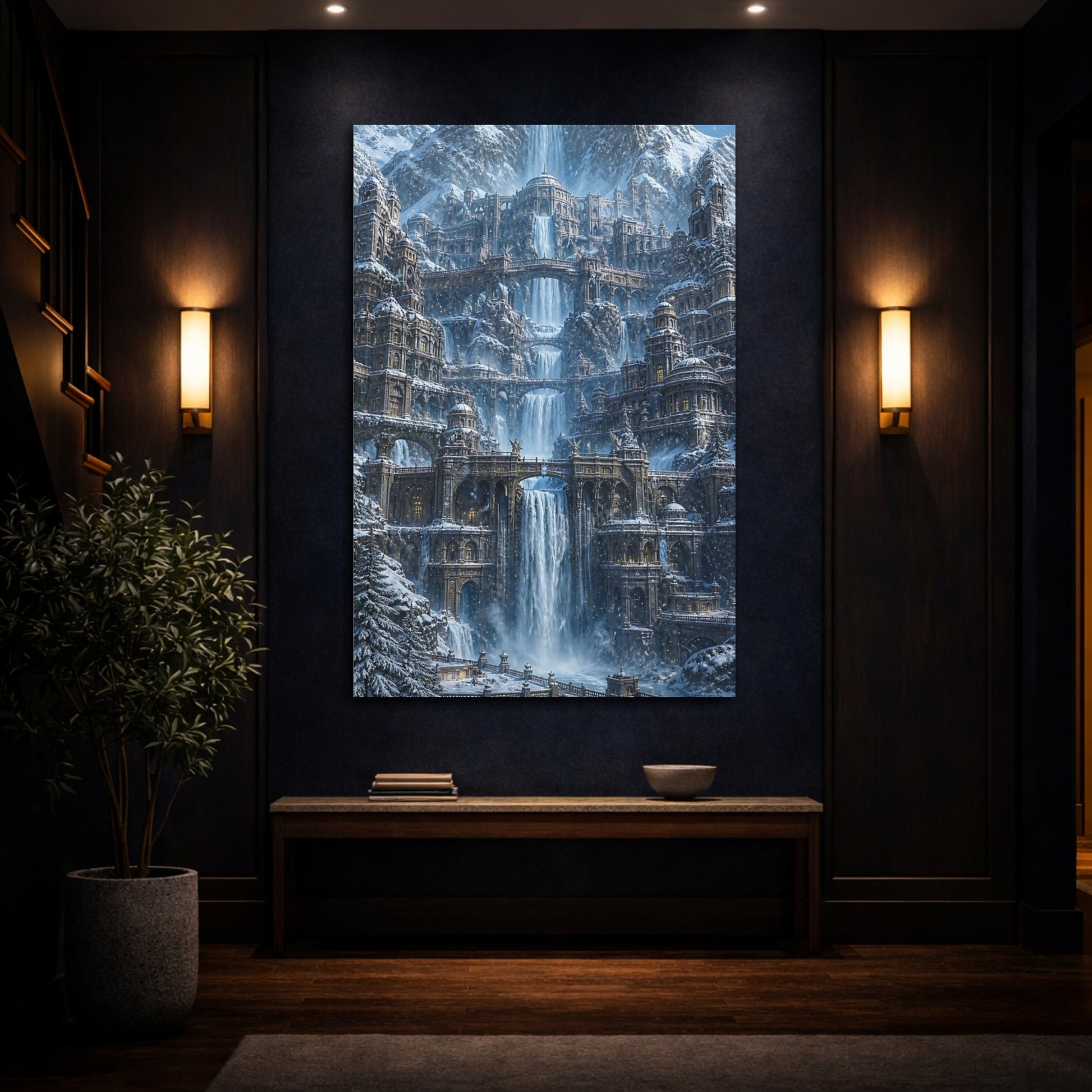 Mockup 4. Snowbound Waterfall Palace shown as canvas print