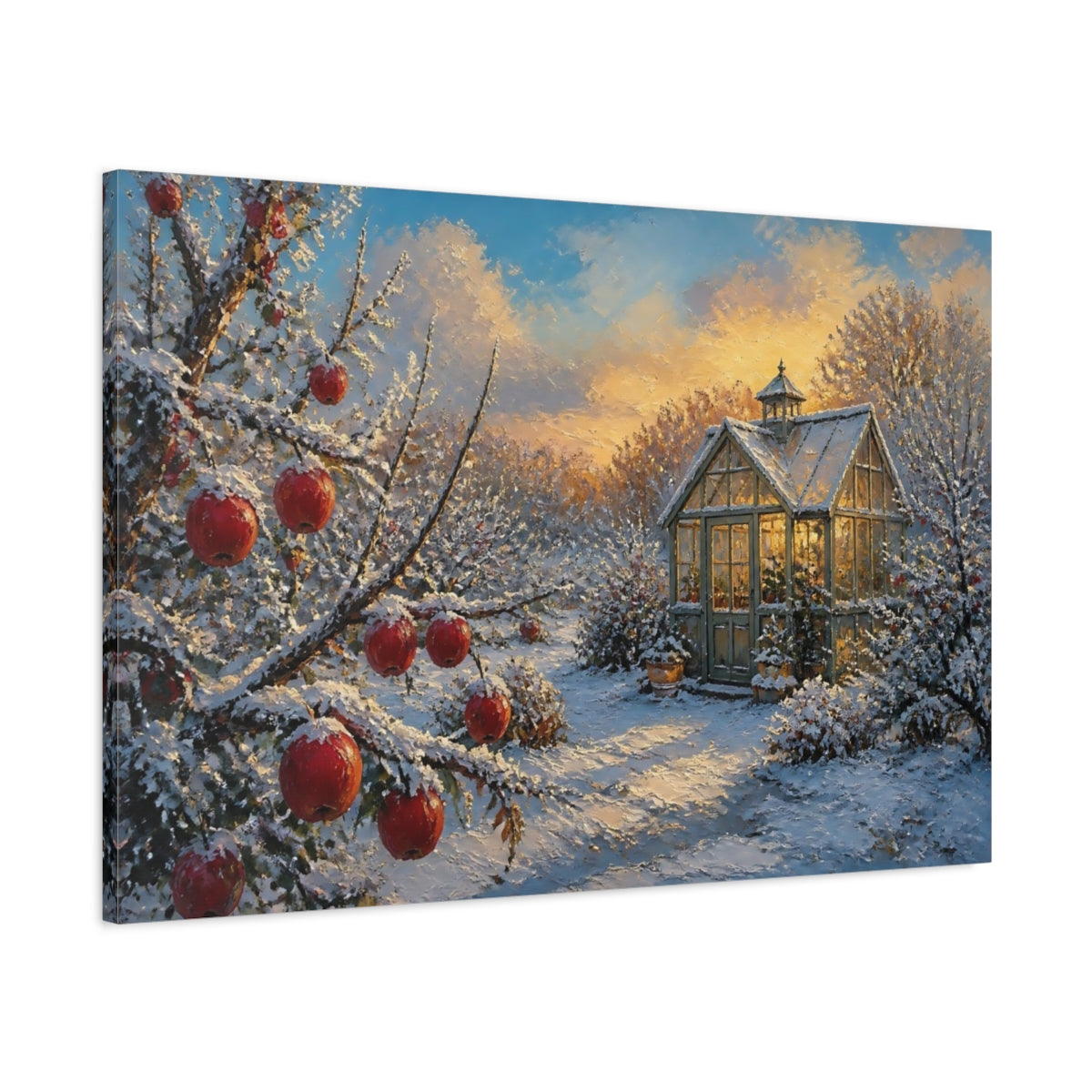 Main Mockup. Snowy Apple Branch By Greenhouse shown as canvas print
