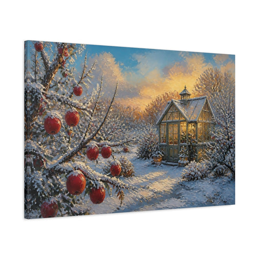 Main Mockup. Snowy Apple Branch By Greenhouse shown as canvas print