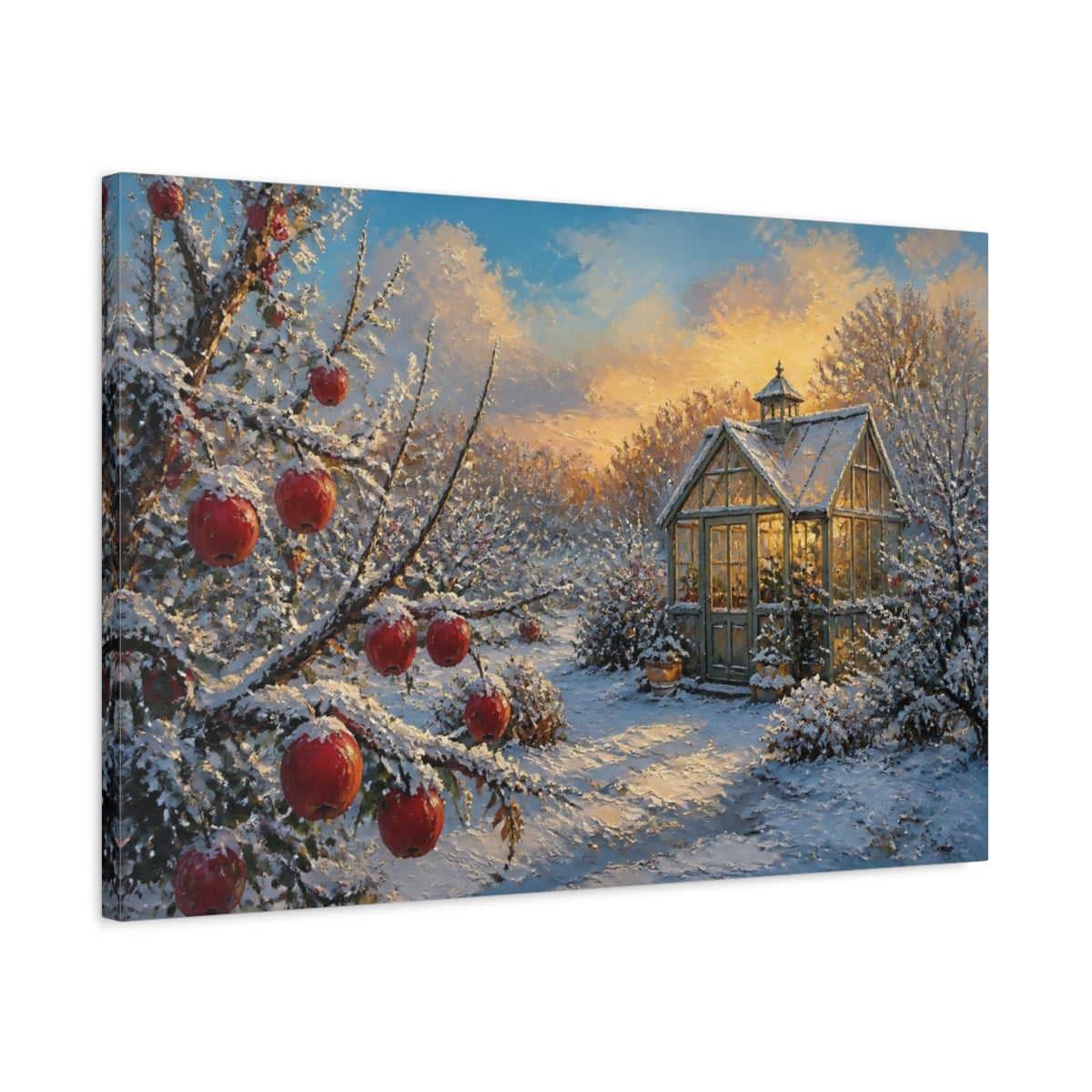 Side Mockup 2. Snowy Apple Branch By Greenhouse shown as canvas print
