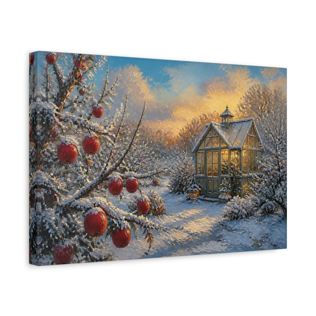 Side Mockup 4. Snowy Apple Branch By Greenhouse shown as canvas print