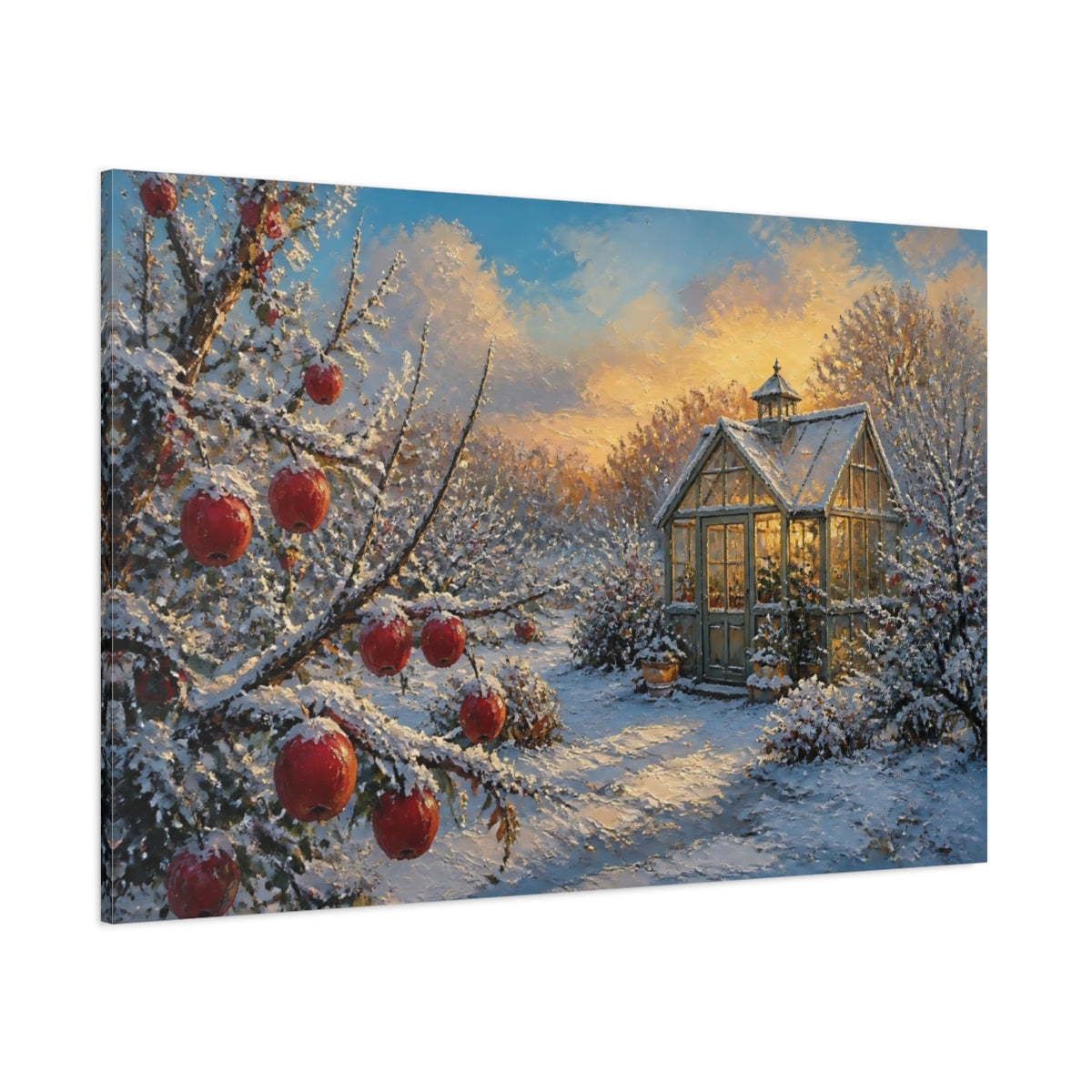 Side Mockup 1. Snowy Apple Branch By Greenhouse shown as canvas print