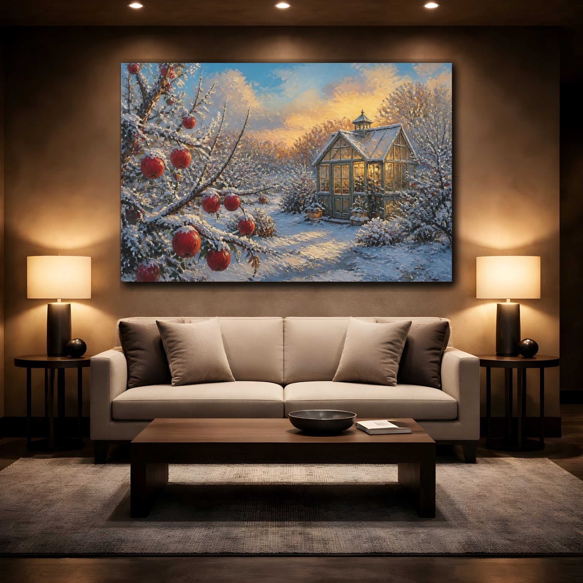 Mockup 2. Snowy Apple Branch By Greenhouse shown as canvas print