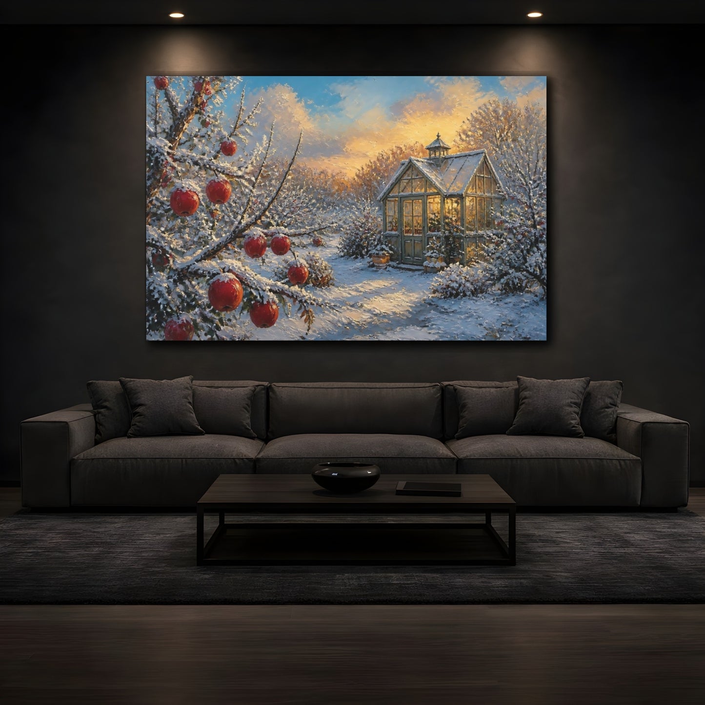 Mockup 3. Snowy Apple Branch By Greenhouse shown as canvas print