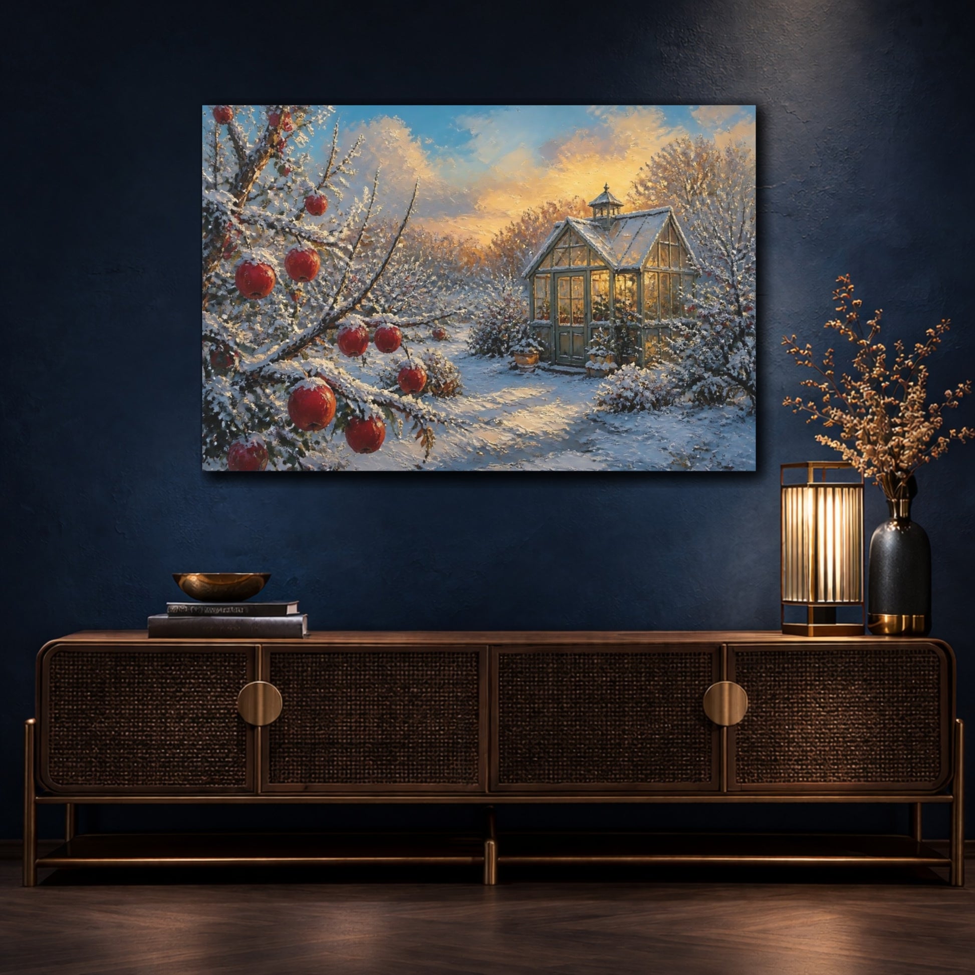 Mockup 4. Snowy Apple Branch By Greenhouse shown as canvas print