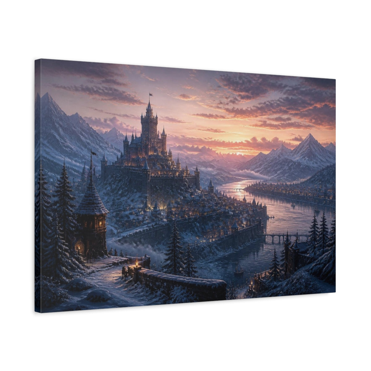 Side Mockup 2. Snowy Castle Landscape shown as canvas print