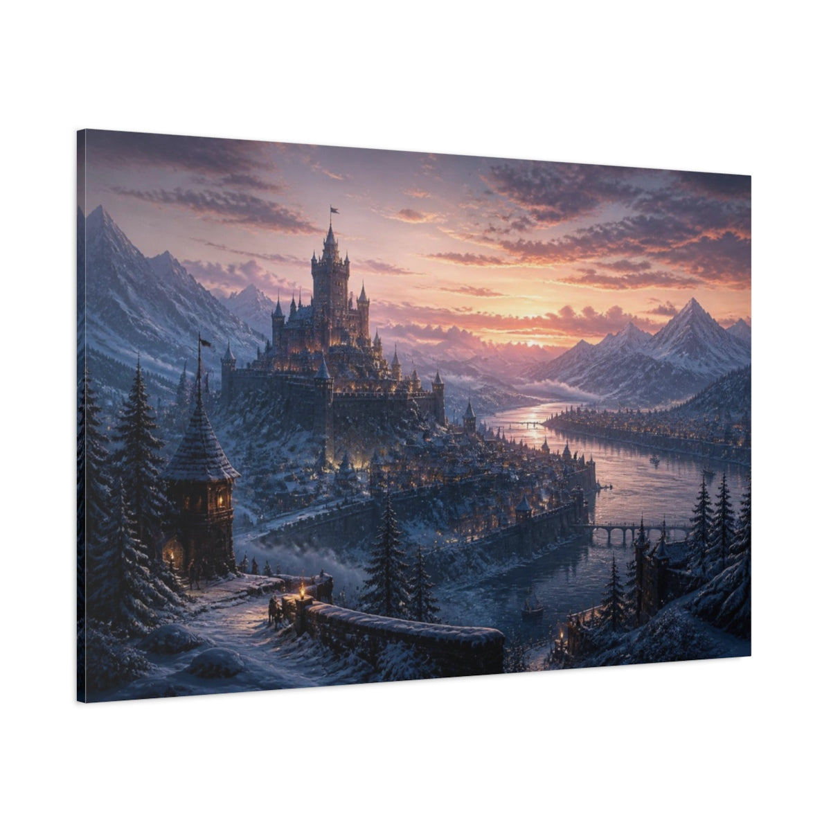 Side Mockup 1. Snowy Castle Landscape shown as canvas print