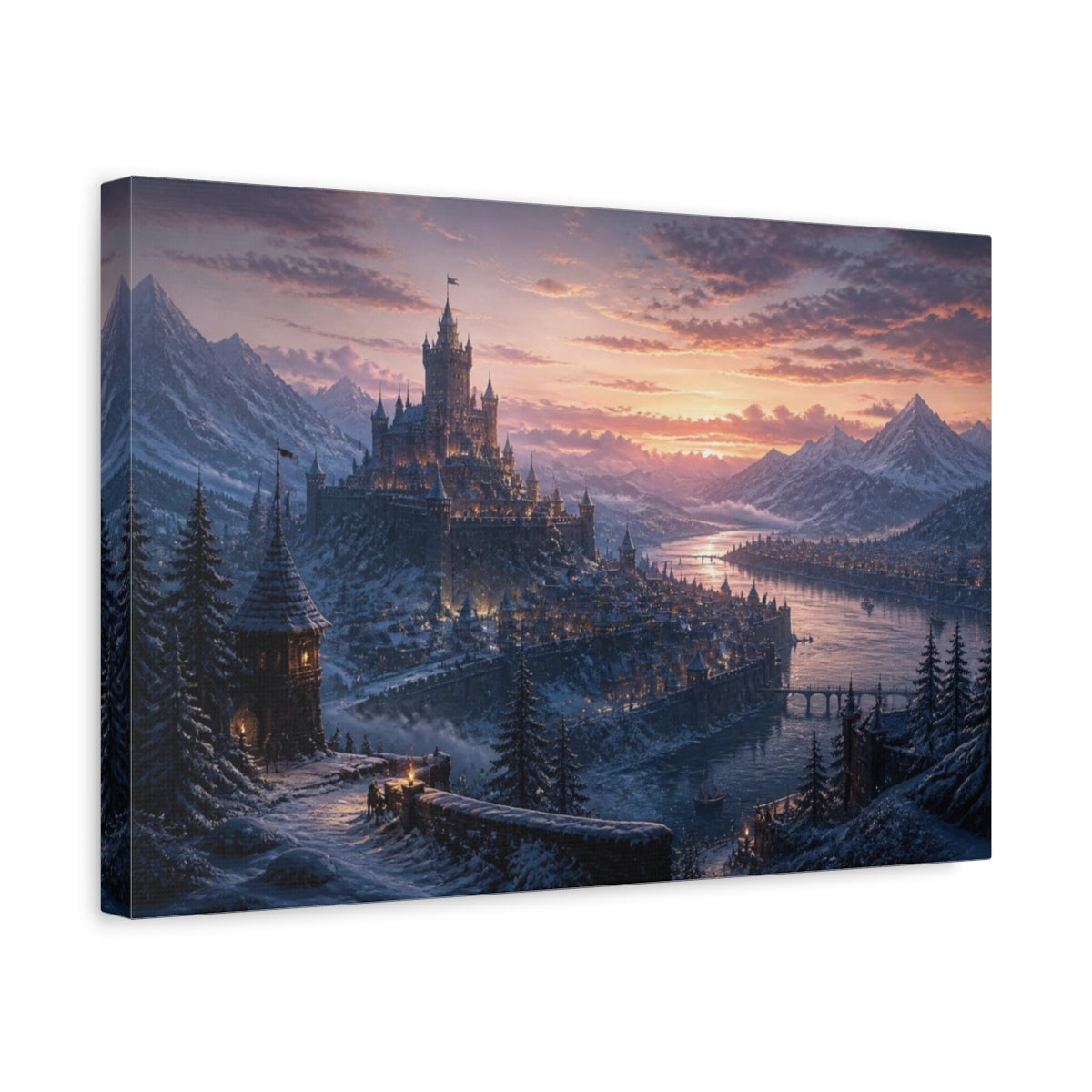 Side Mockup 4. Snowy Castle Landscape shown as canvas print