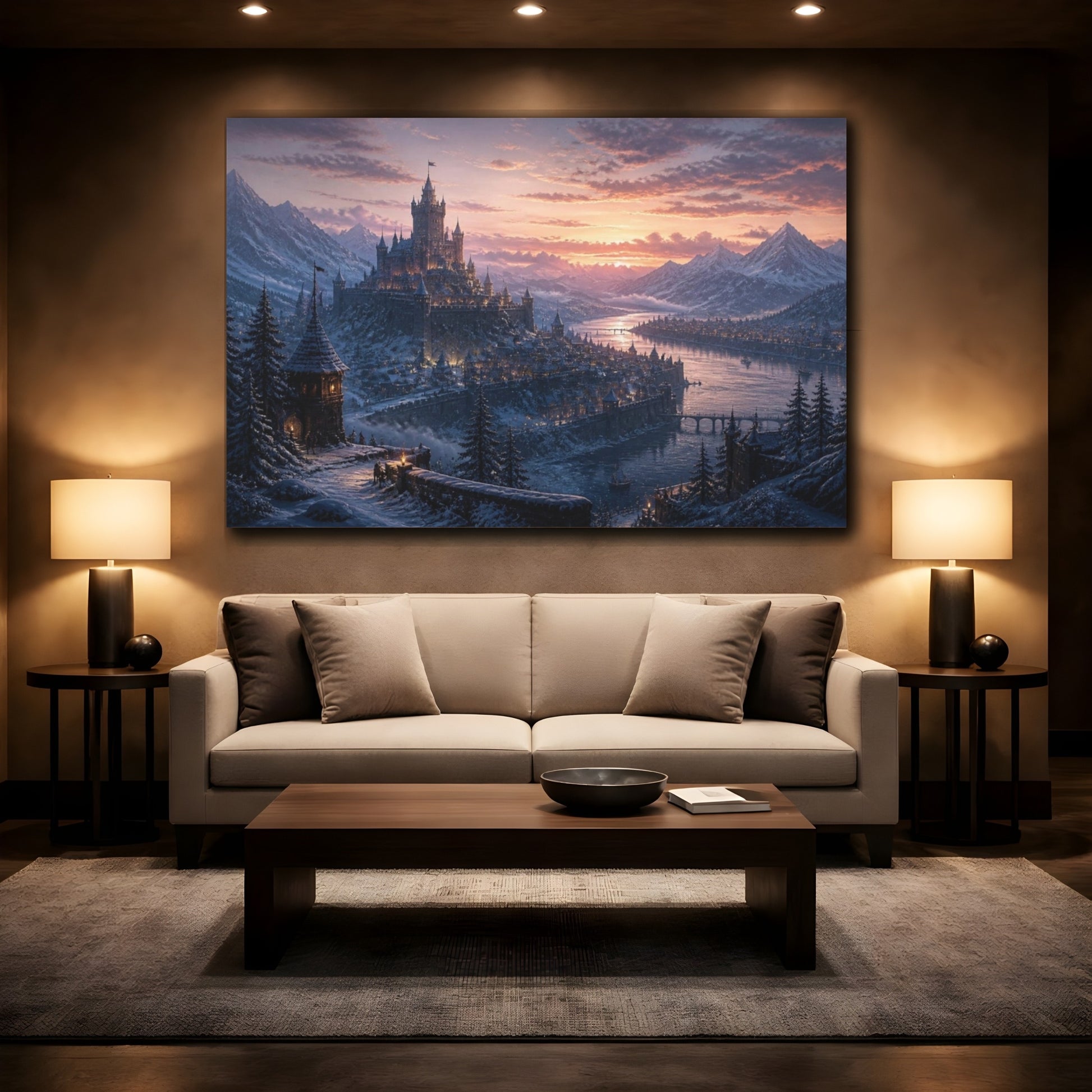 Mockup 2. Snowy Castle Landscape shown as canvas print