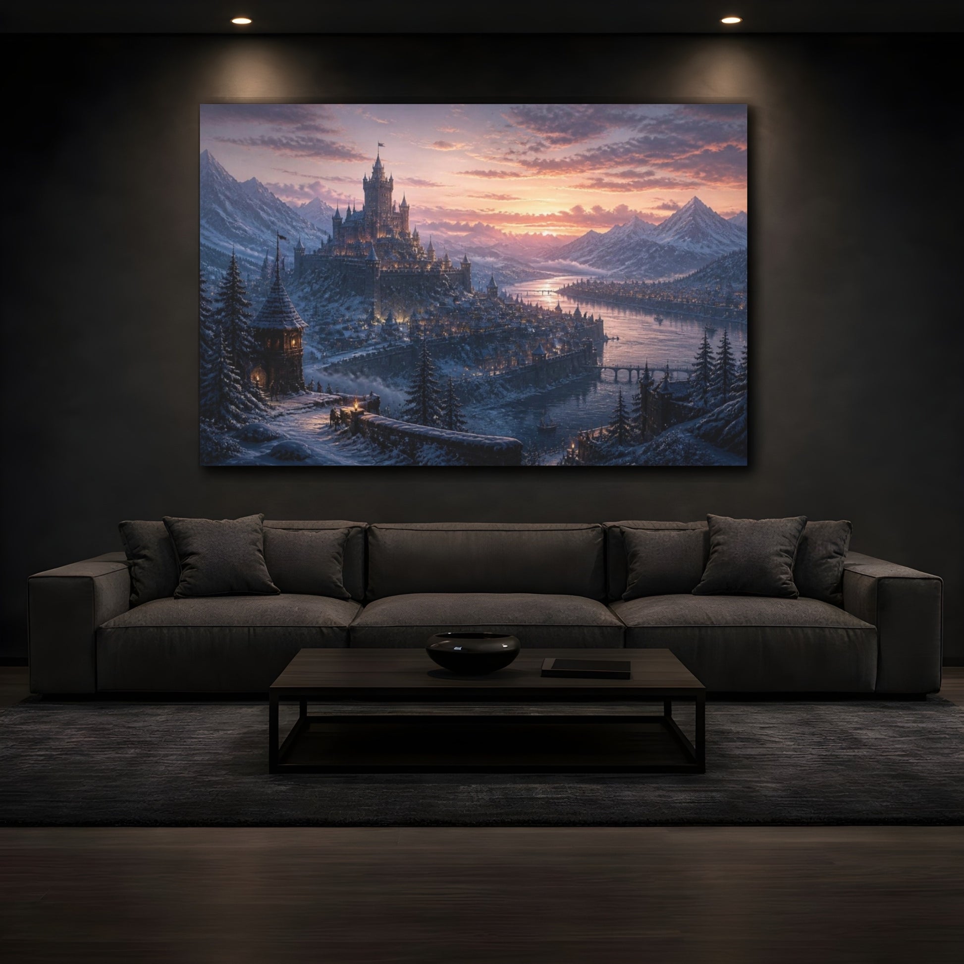 Mockup 3. Snowy Castle Landscape shown as canvas print