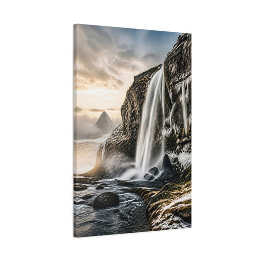 Main Mockup. Snowy Cliff Waterfall shown as canvas print