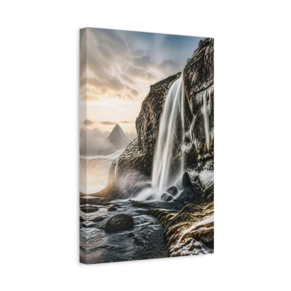 Side Mockup 4. Snowy Cliff Waterfall shown as canvas print