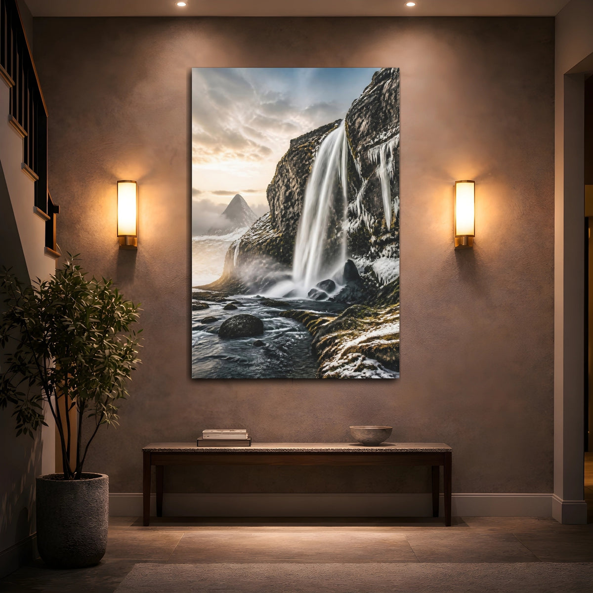 Mockup 2. Snowy Cliff Waterfall shown as canvas print