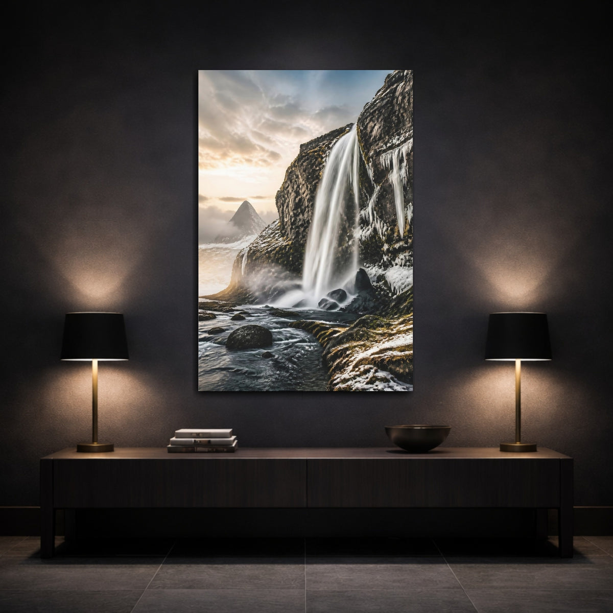 Mockup 3. Snowy Cliff Waterfall shown as canvas print