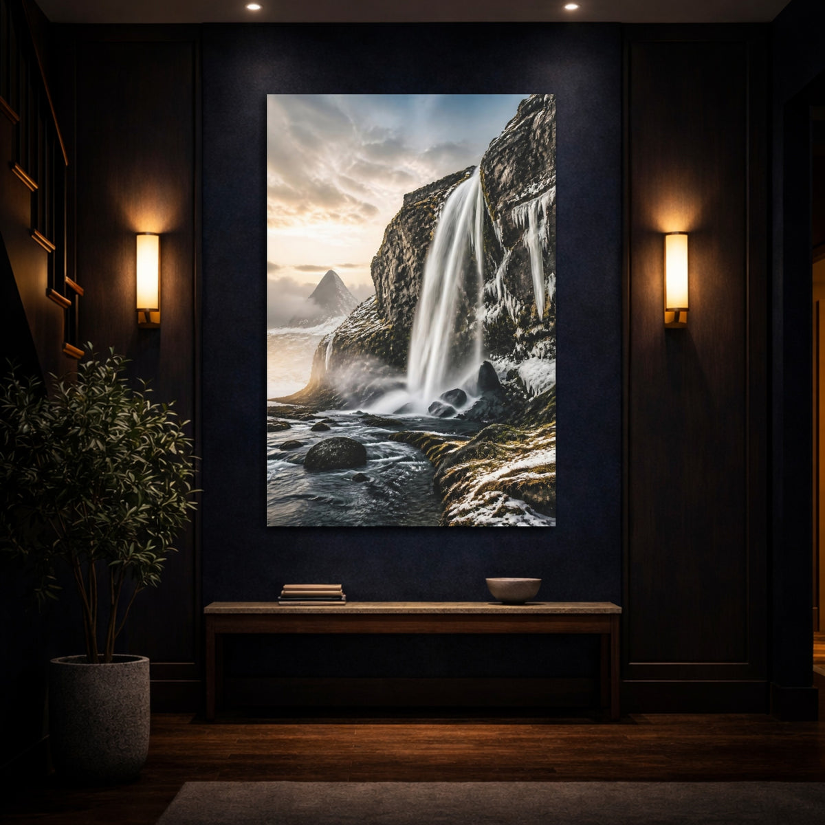 Mockup 4. Snowy Cliff Waterfall shown as canvas print