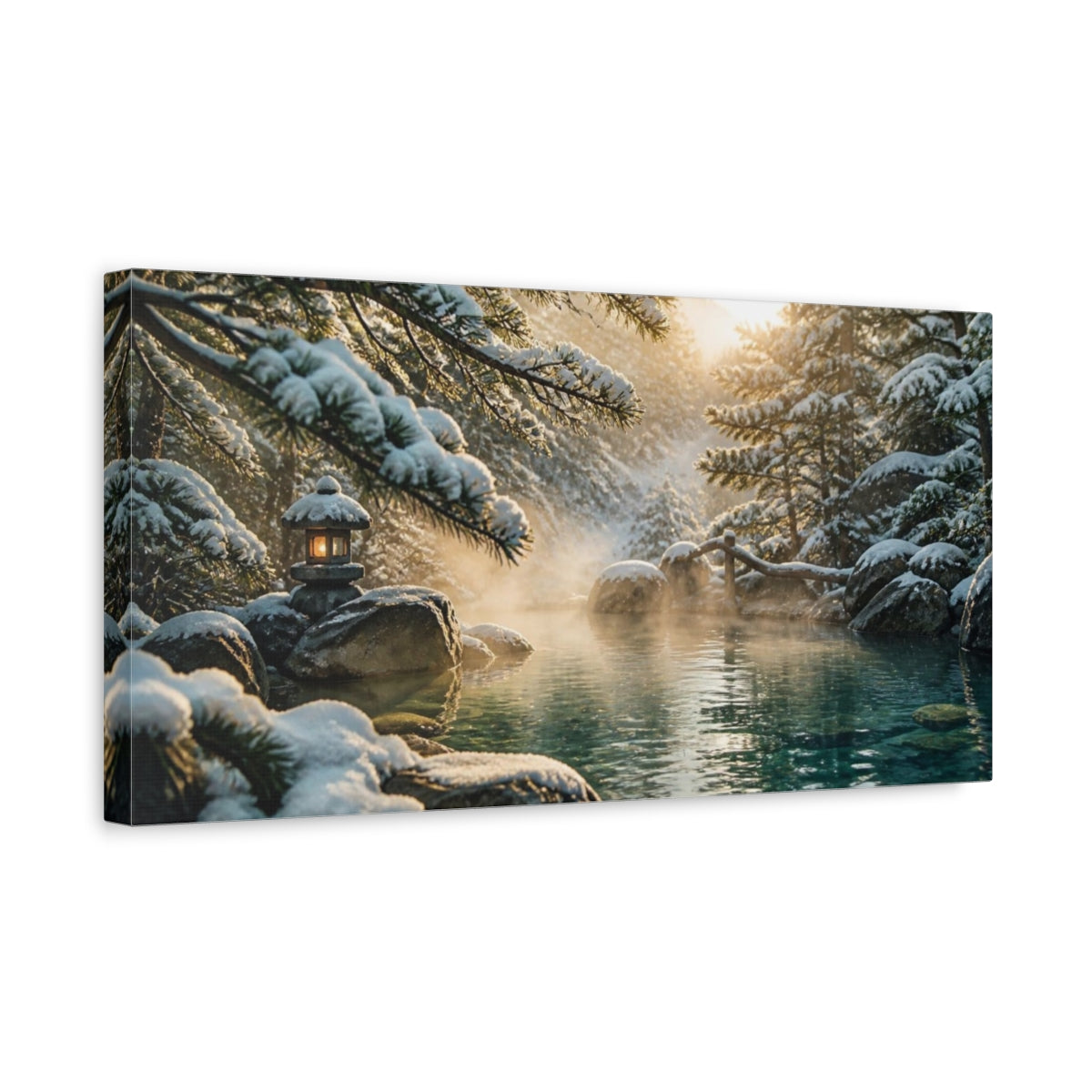 Side Mockup 3. Snowy Hot Spring Lantern shown as canvas print