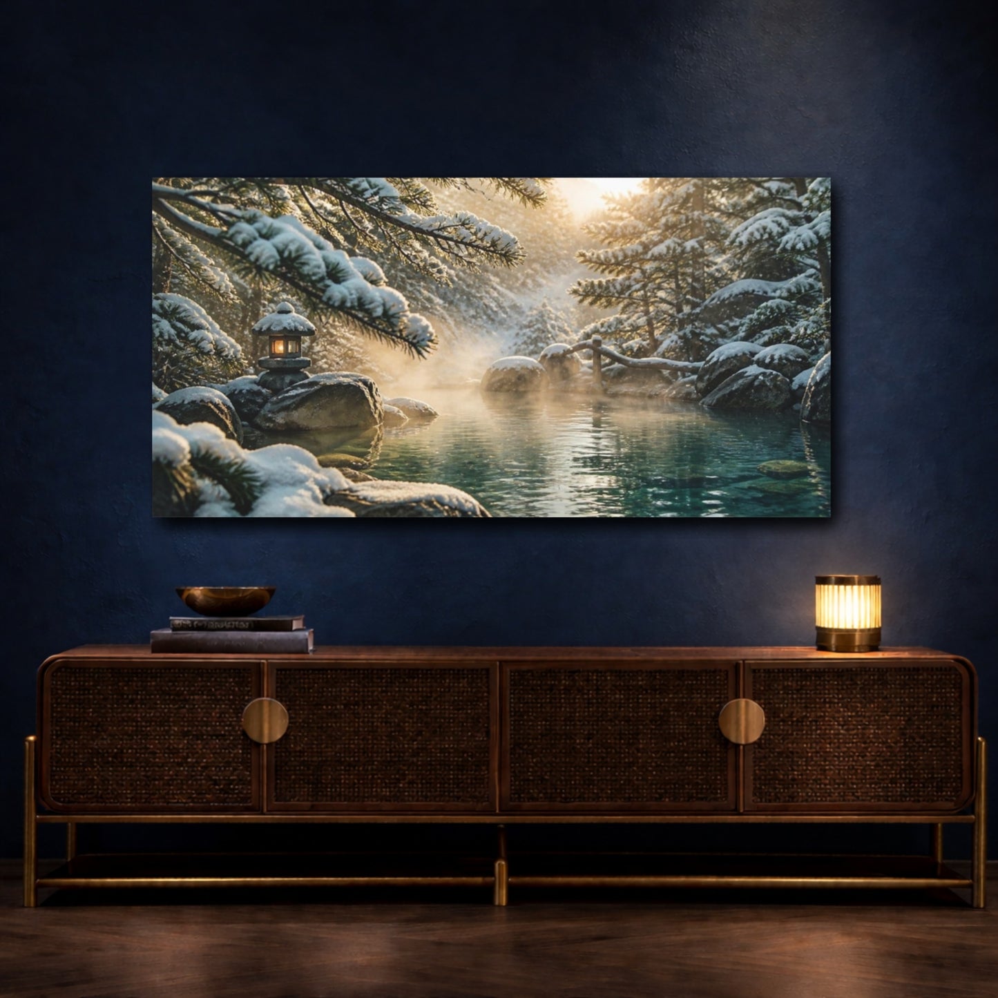 Mockup 4. Snowy Hot Spring Lantern shown as canvas print