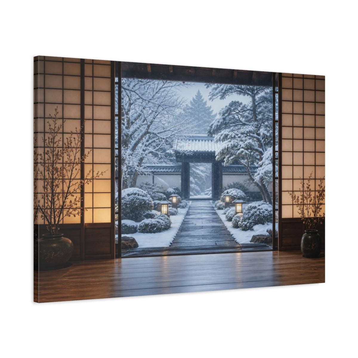 Main Mockup. Snowy Japanese Courtyard shown as canvas print