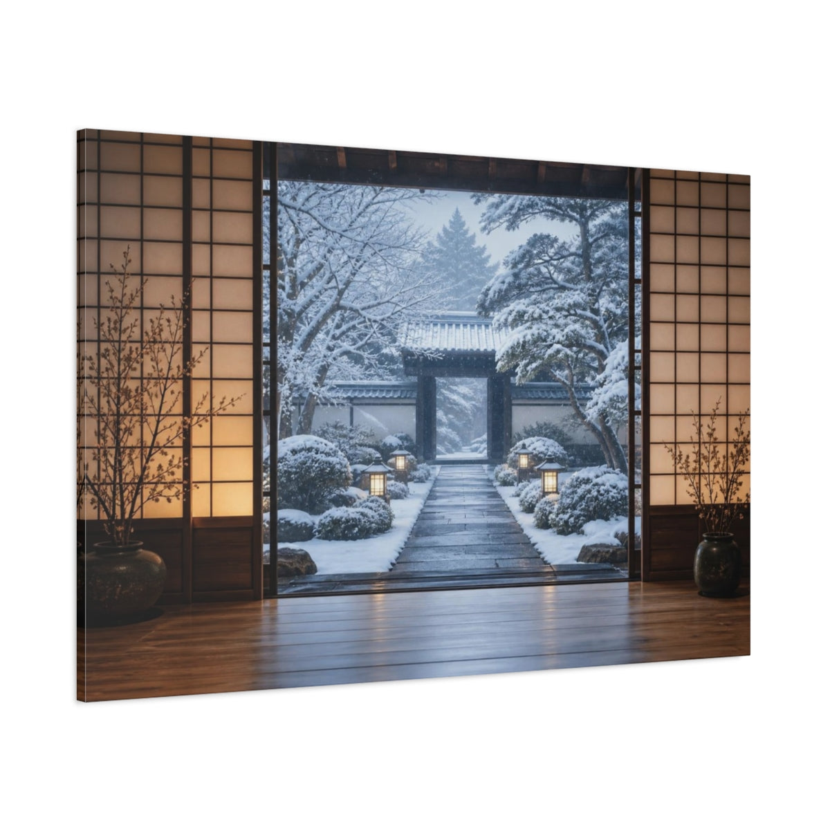 Side Mockup 1. Snowy Japanese Courtyard shown as canvas print